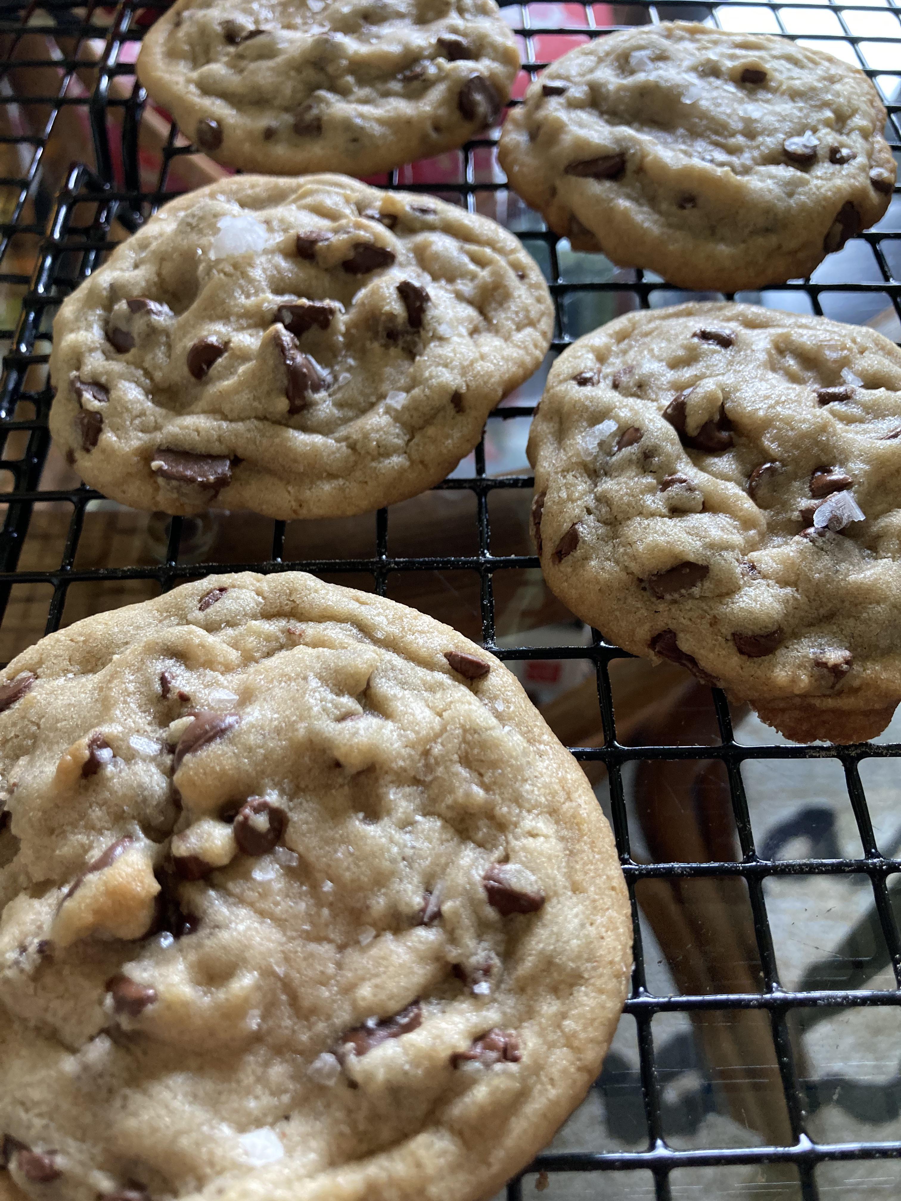 Double chocolate chip chewy cookies with a dash of flake salt. r/FoodPorn