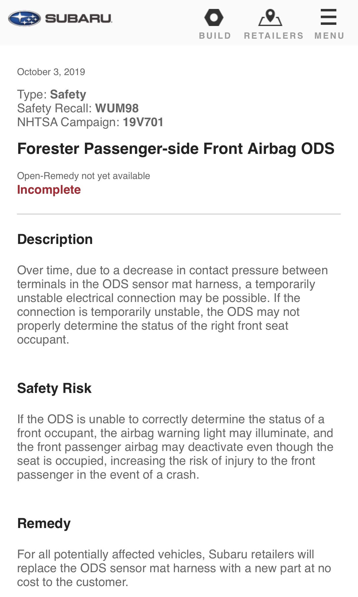 Forester front passenger side airbag recall : r/SubaruForester