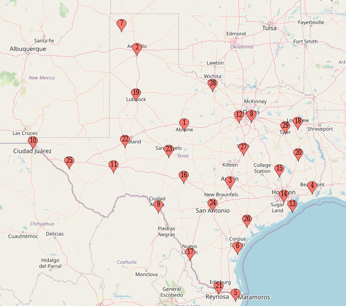 Map of confirmed cities in the Texas DLC. This does not