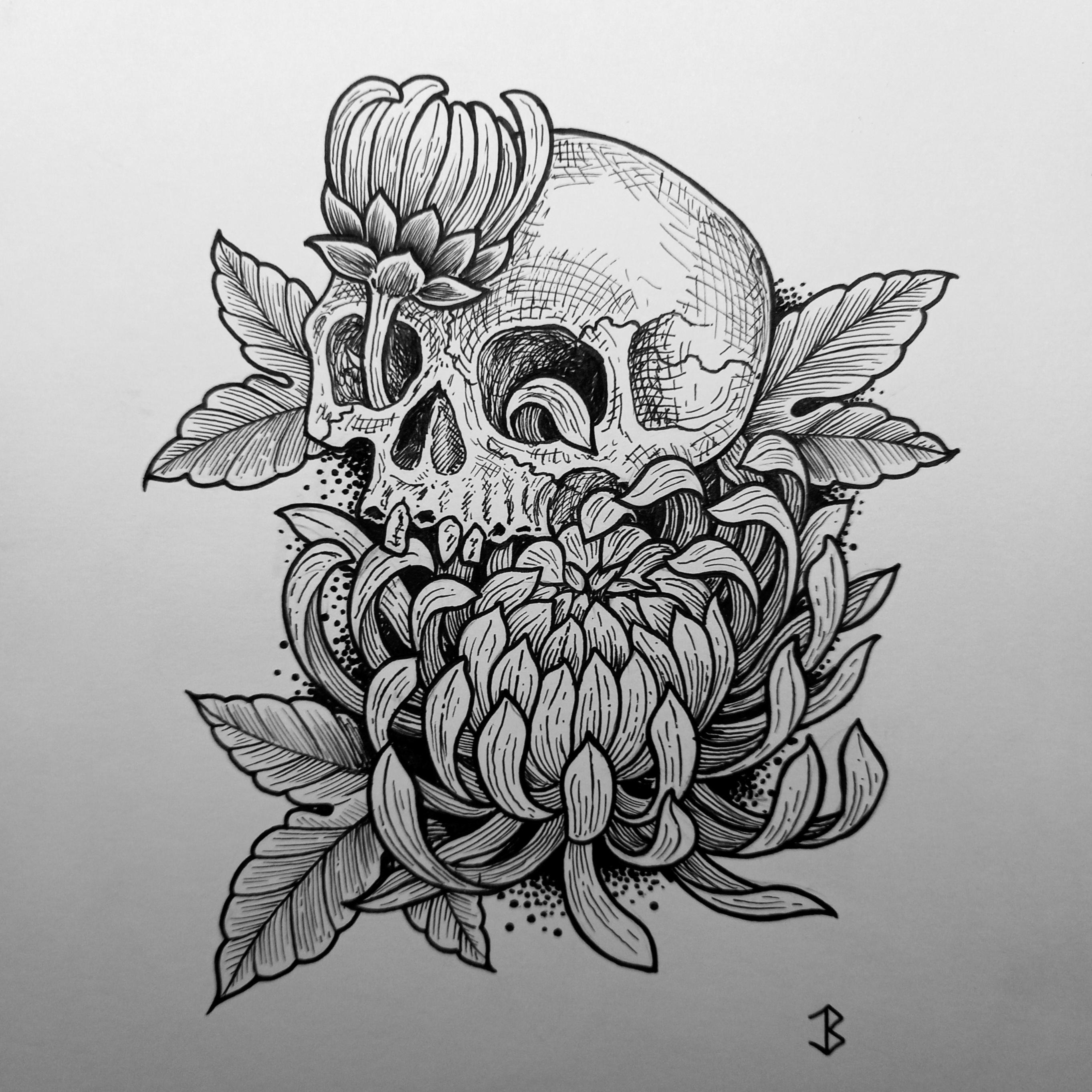 Skull and chrysanthemum. Blackwork tattoo design. r/TattooDesigns