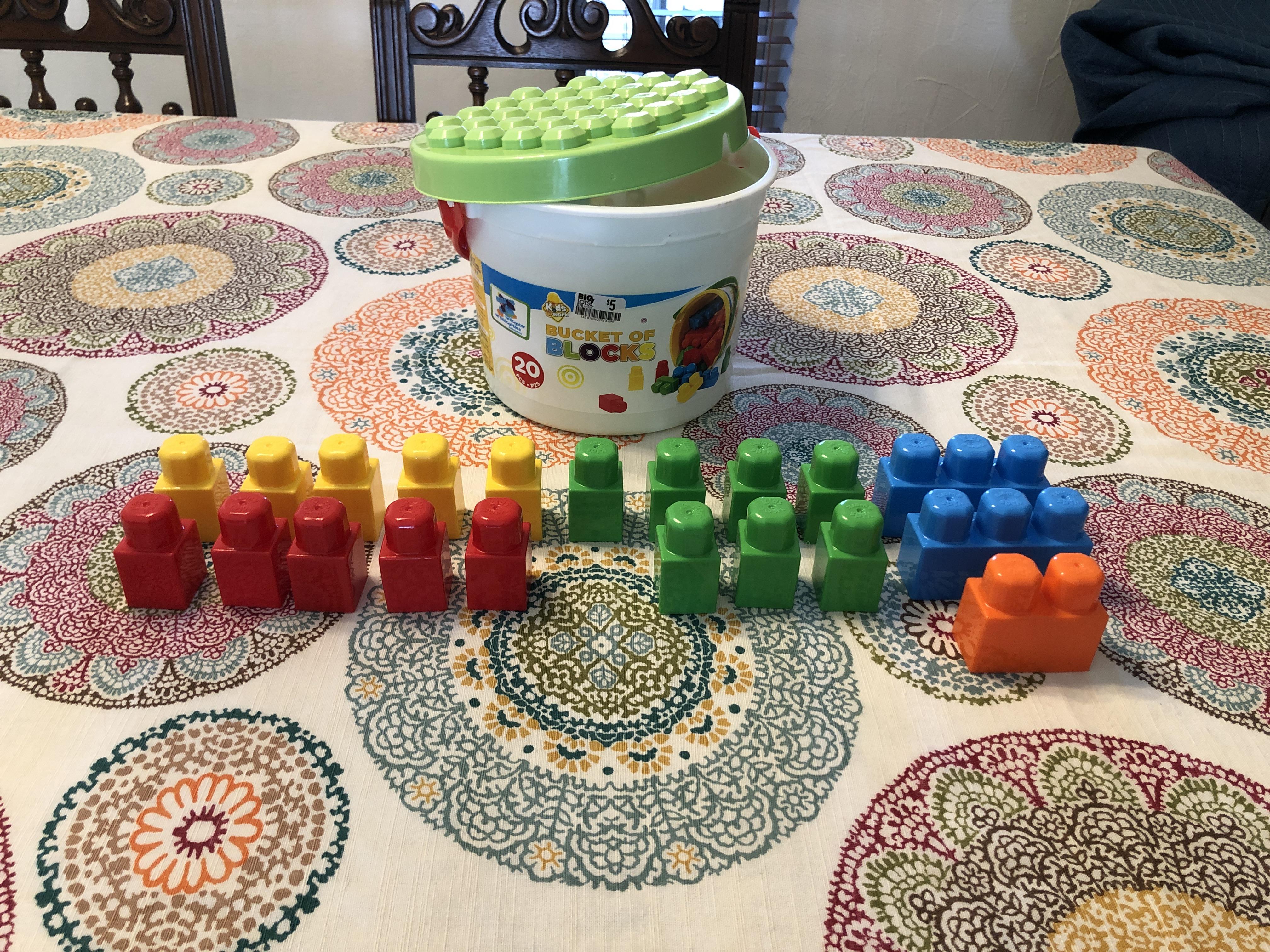 This “20 piece” bucket of blocks came with 17 single peg blocks. We can