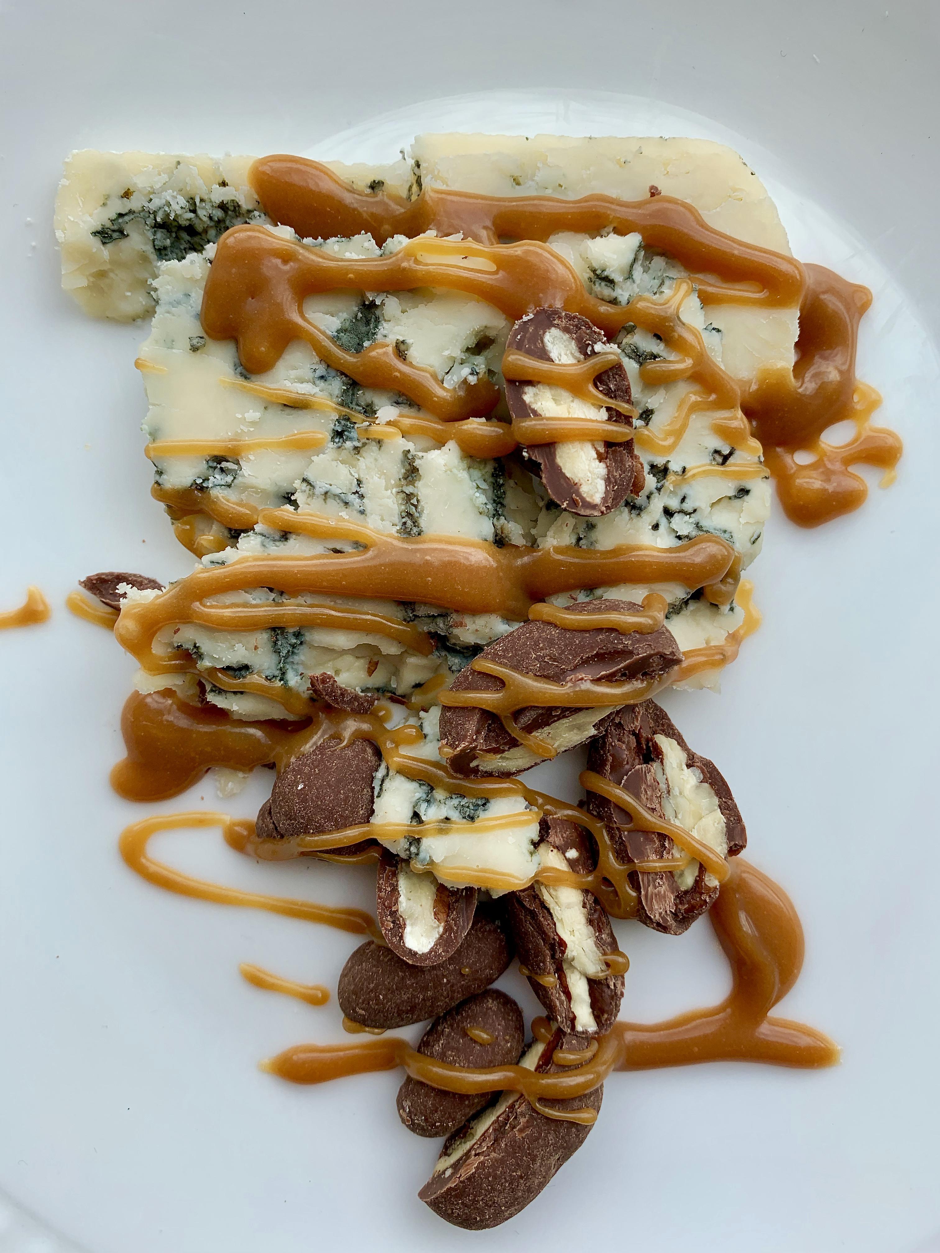 cheese for dessert / bay blue cheese, chocolate pecans, caramel drizzle