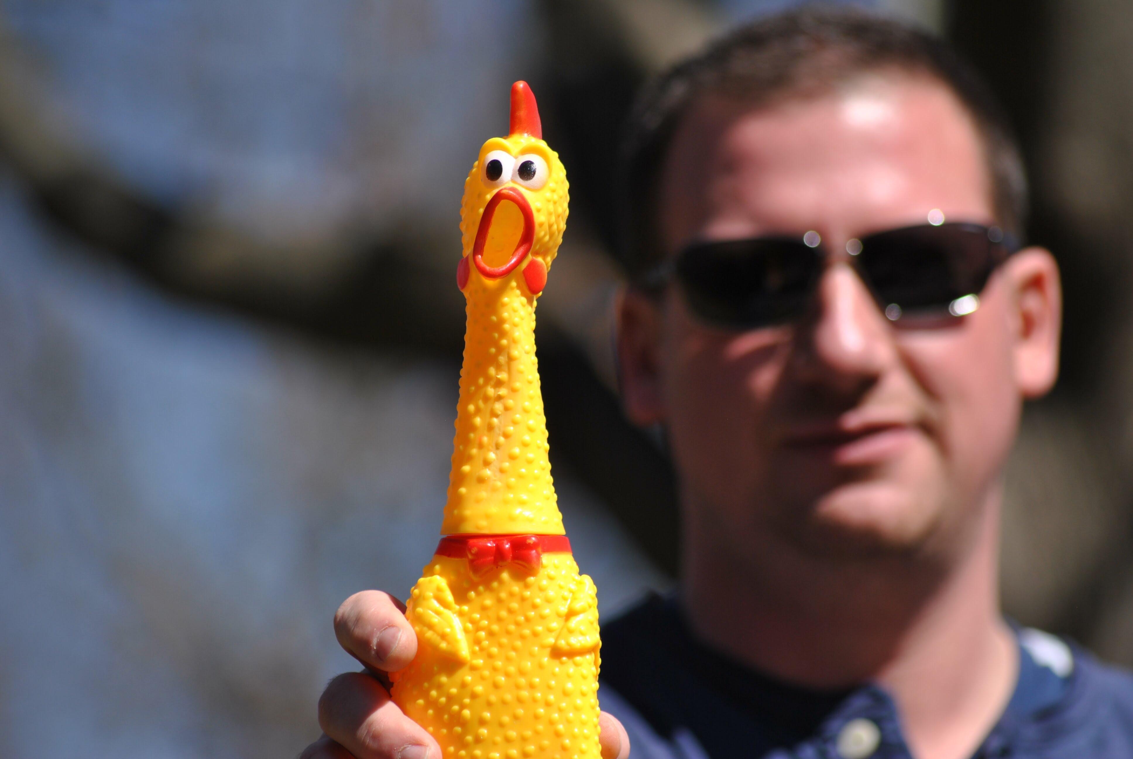 My cousin bought a rubber chicken that he's very proud of, so naturally