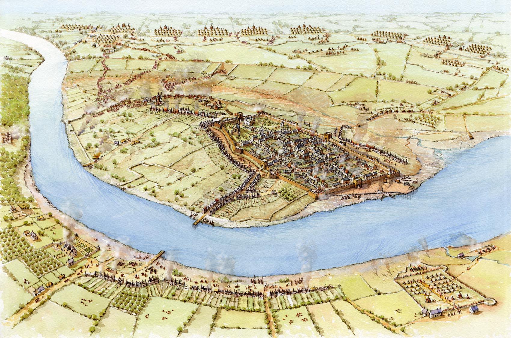 The walled city of Derry/Londonderry under seige from Jacobite forces