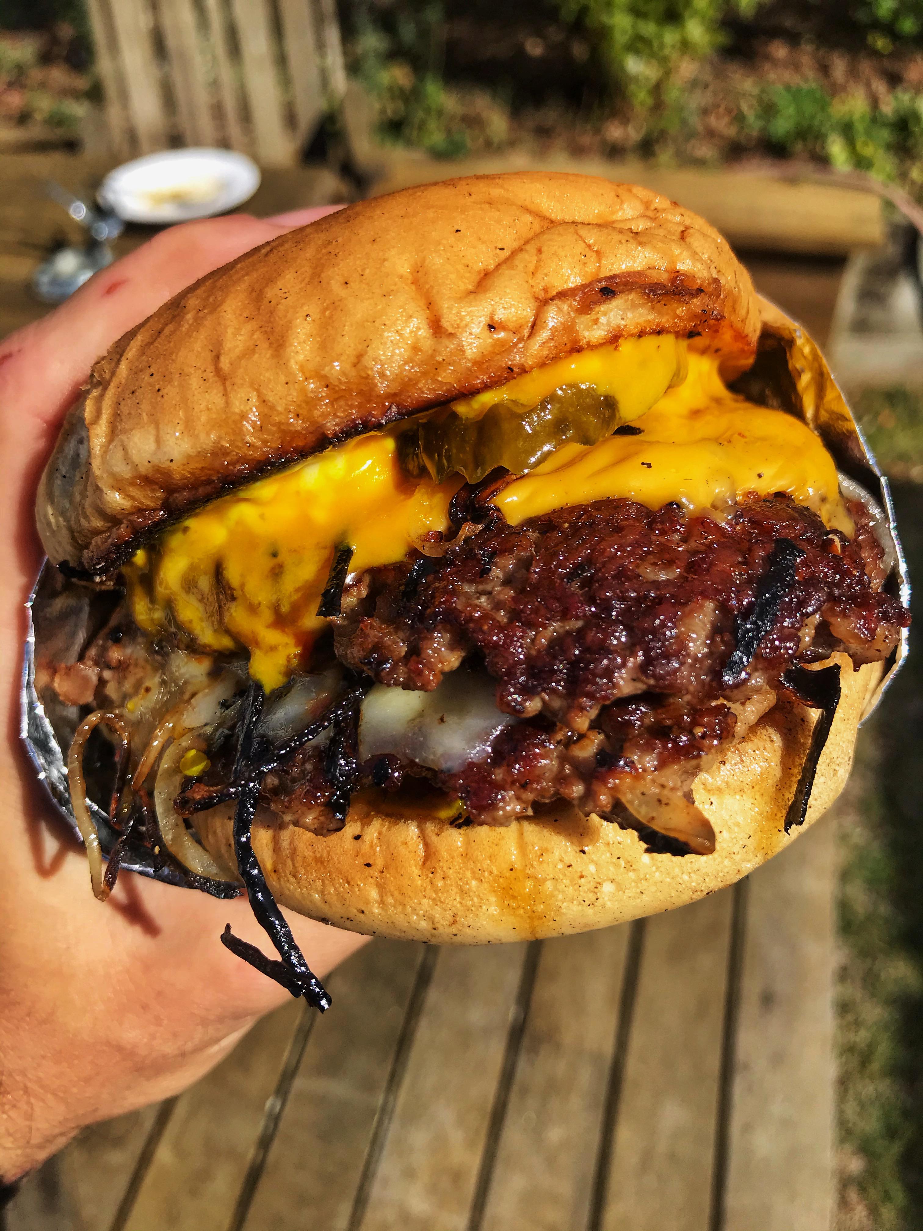 Double Oklahoma style cheeseburger with habanero mustard, kewpie mayo