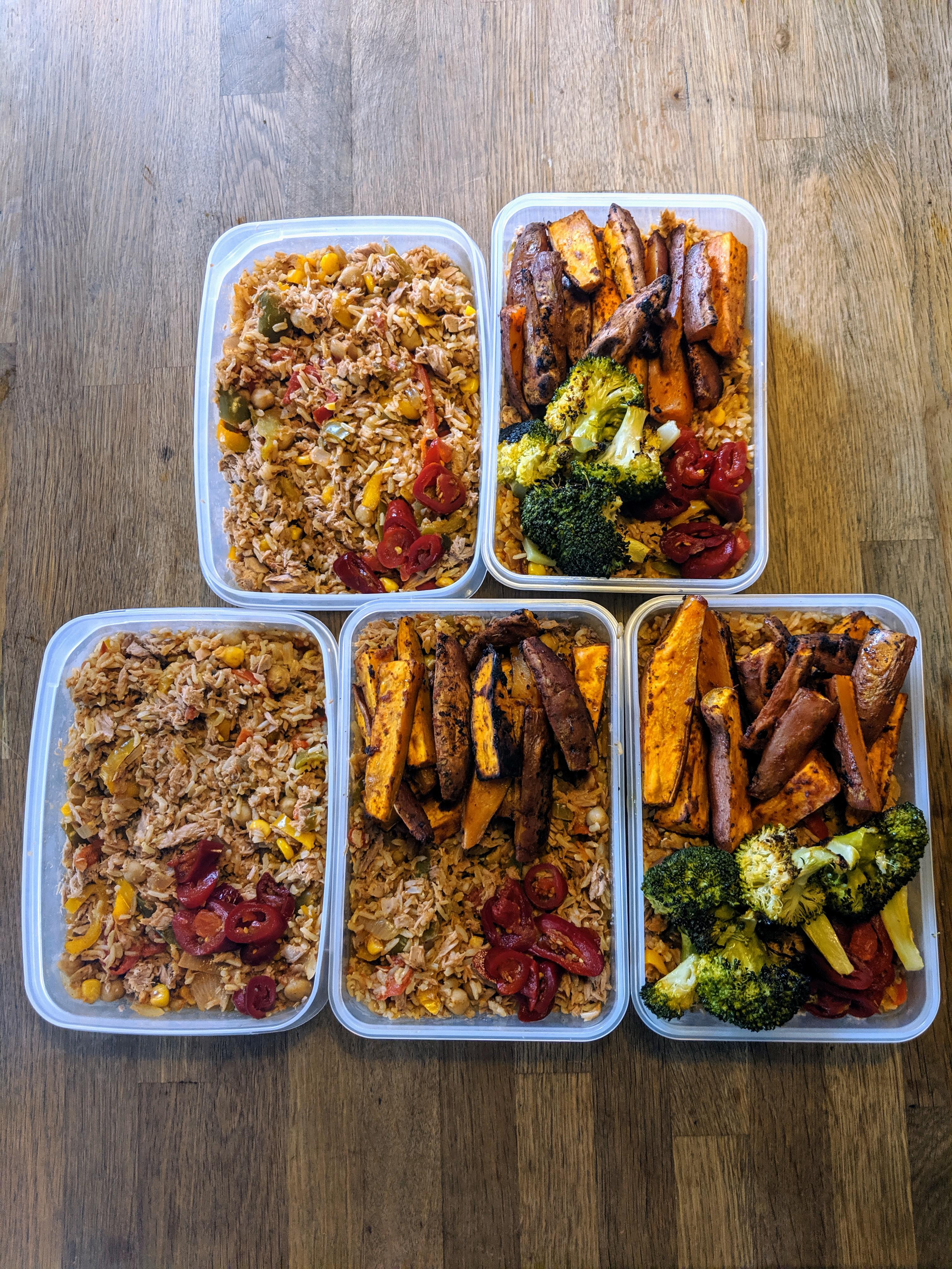 My meal prep for the week. Mexican style rice with tuna with sweet potato wedges and roasted
