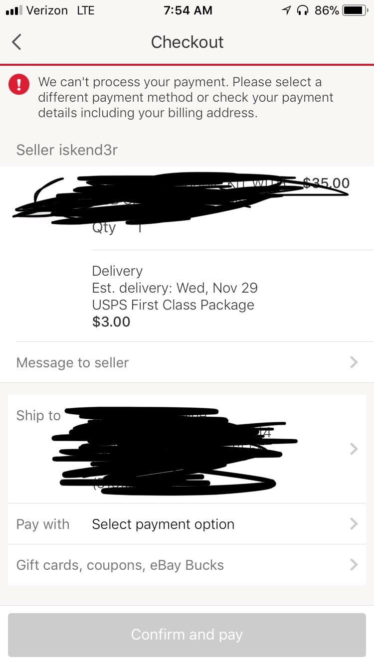PrePaid vanilla gift card. Every time i try to check out it sends this
