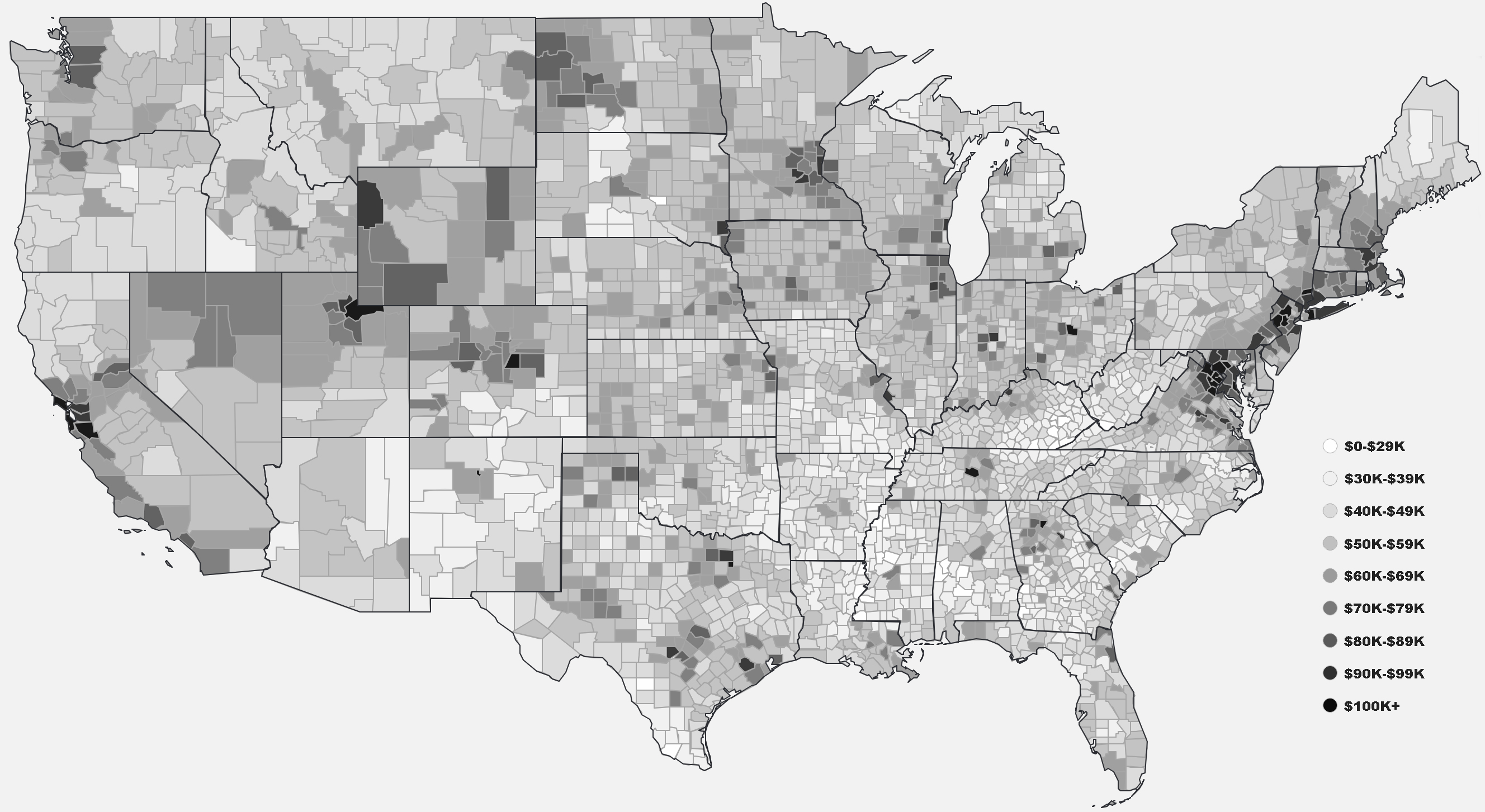 Geographic Wealth Distribution in Contiguous US Counties by Median Household [OC] r