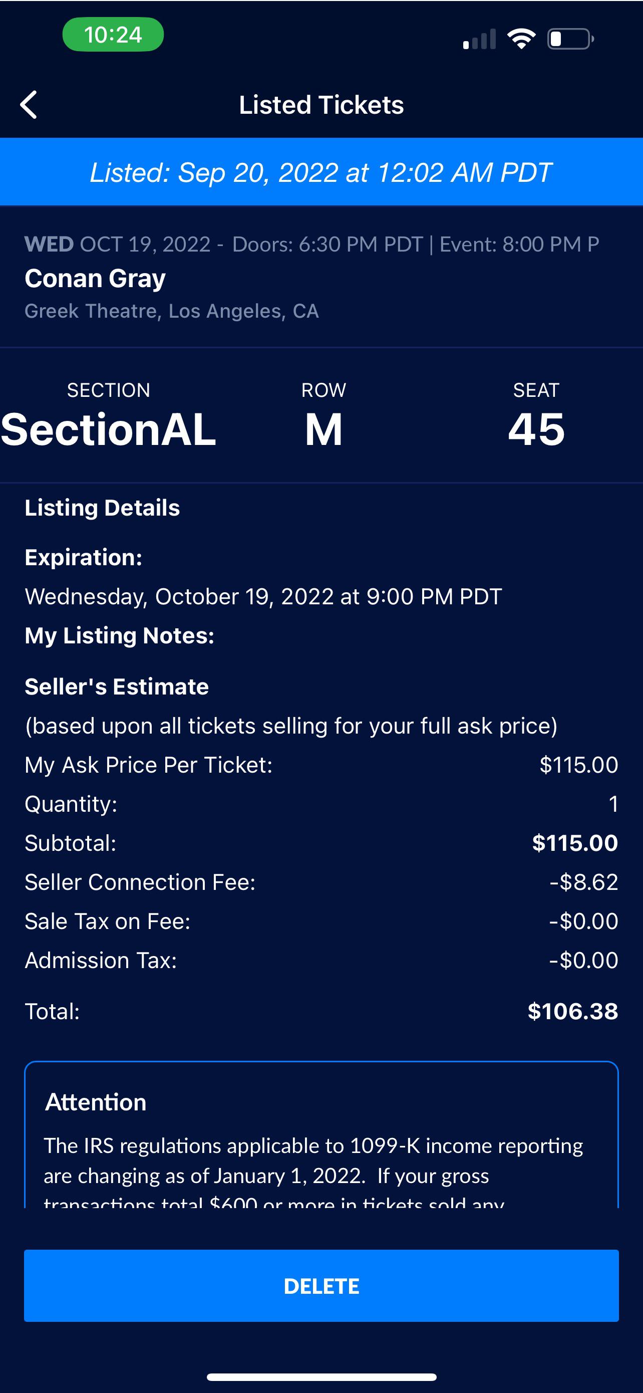 10/19 1 ticket for sale! Section AL r/ConanGray