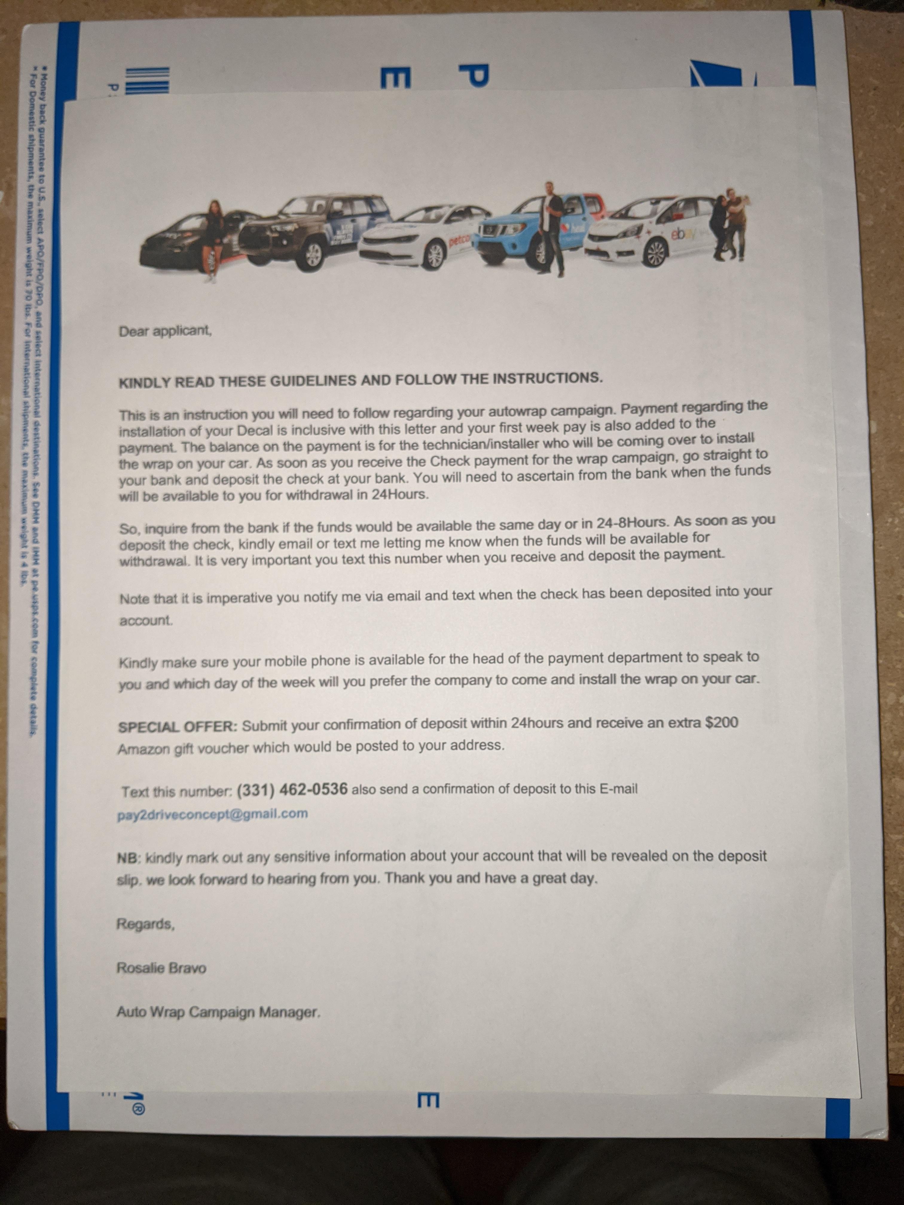 Car Graphic Advertising Scam they sent me 3k check, should I deposit