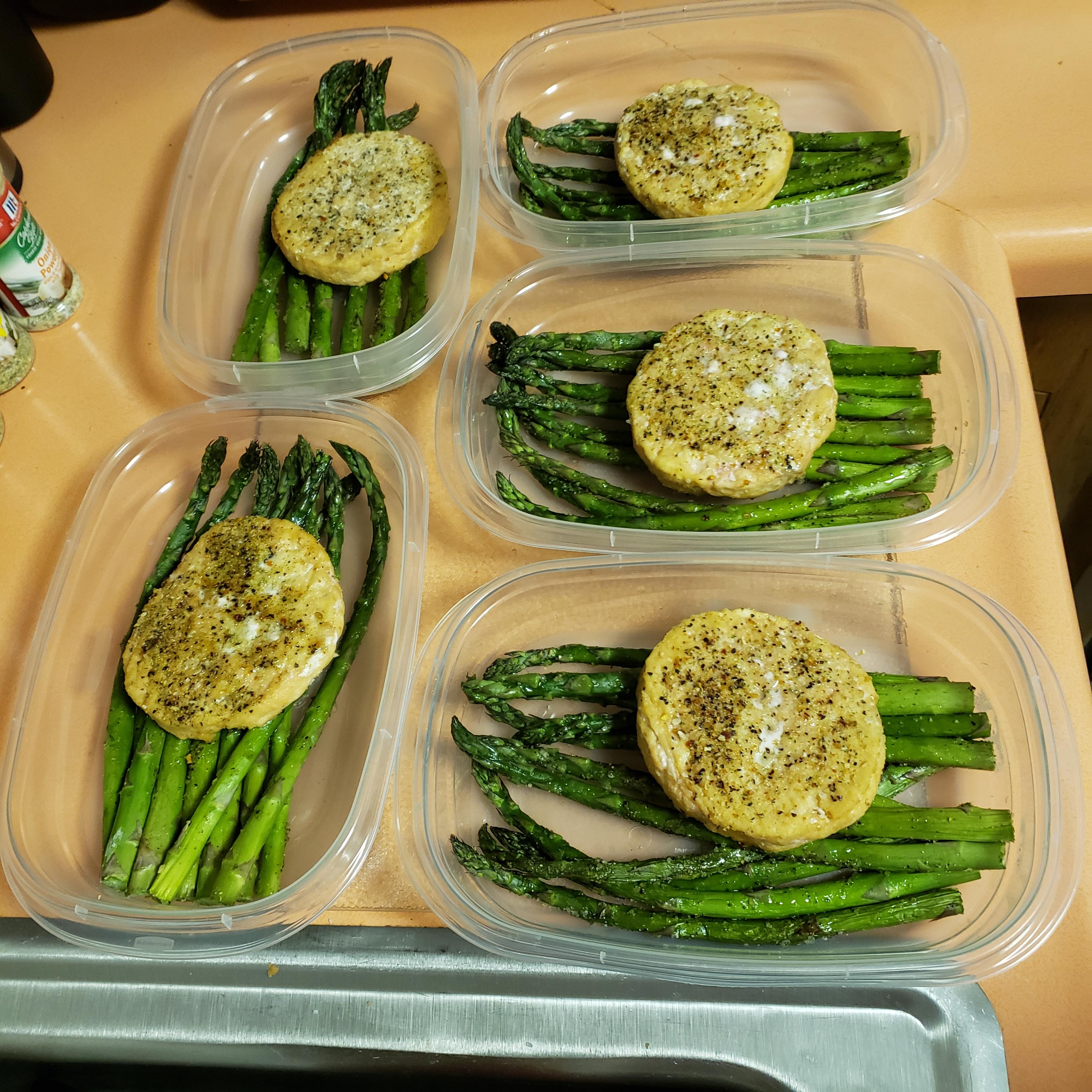 Lunches ready. Asparagus & Salmon Patties, both from Costco. r
