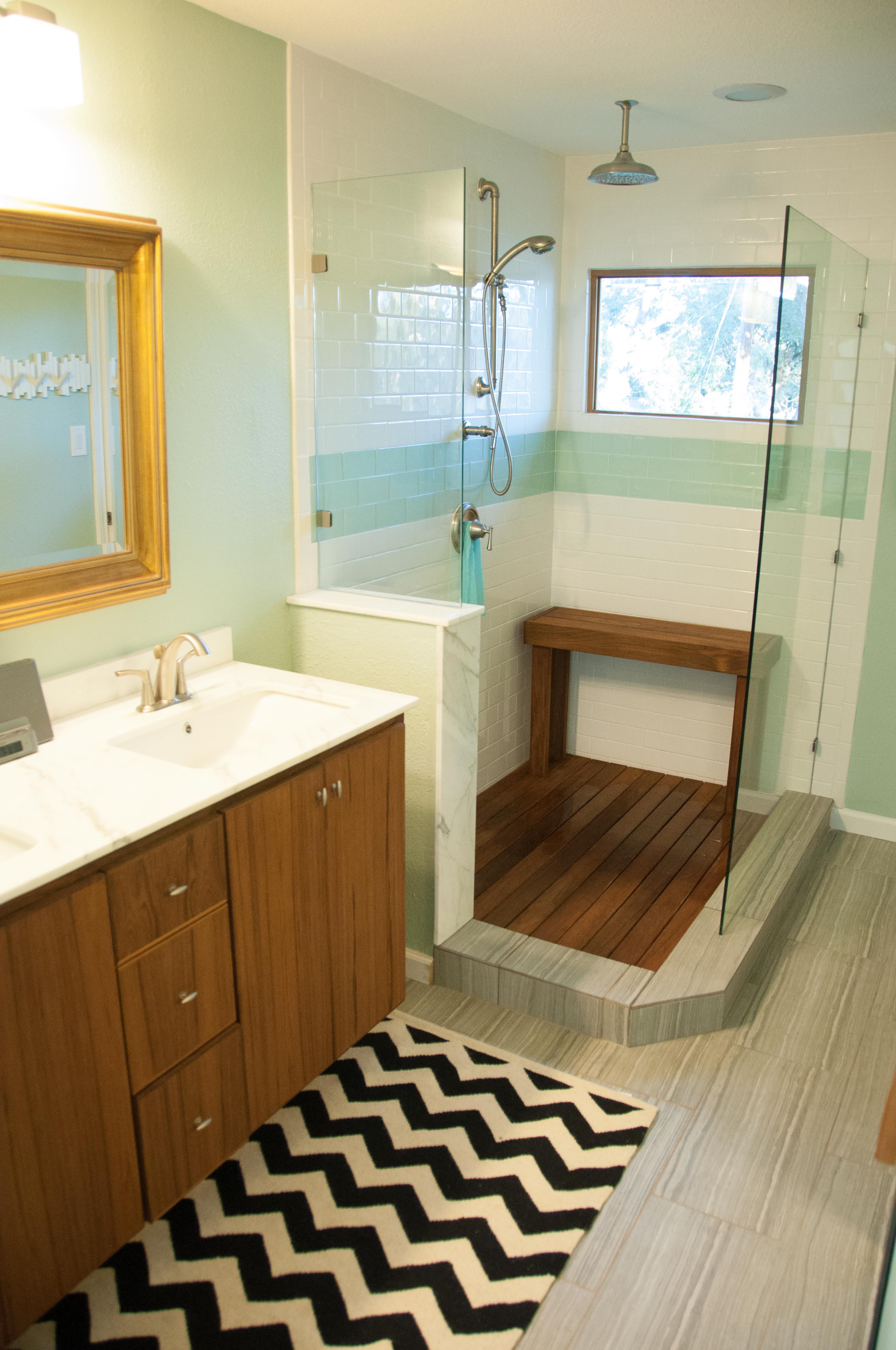 Tile combo to replace this tile floor and the teak shower floor? I have to gut this bathroom due
