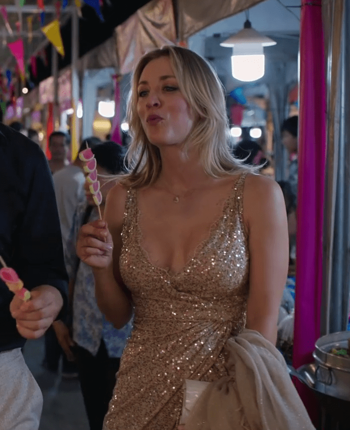 Kaley Cuoco Flight Attendant Gold Dress Spacotin