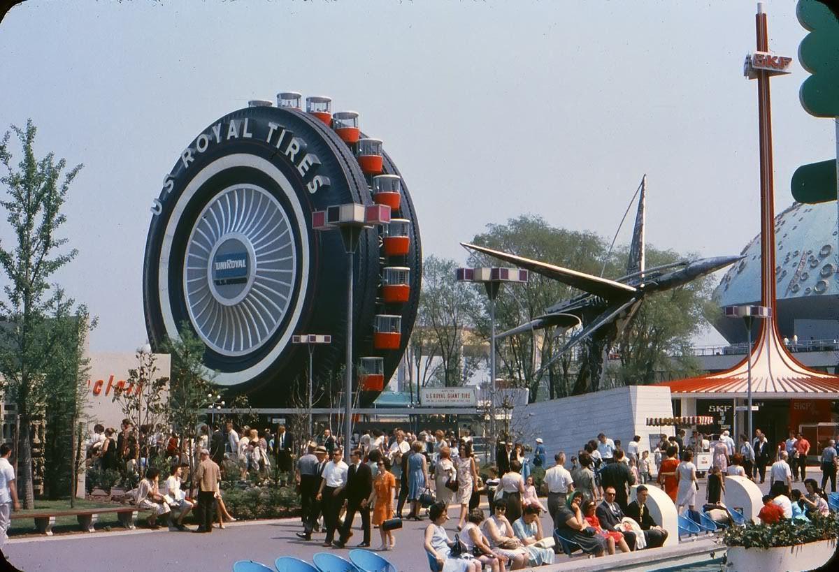 New York World's Fair 1964 featuring a giant tire Ferris wheel r