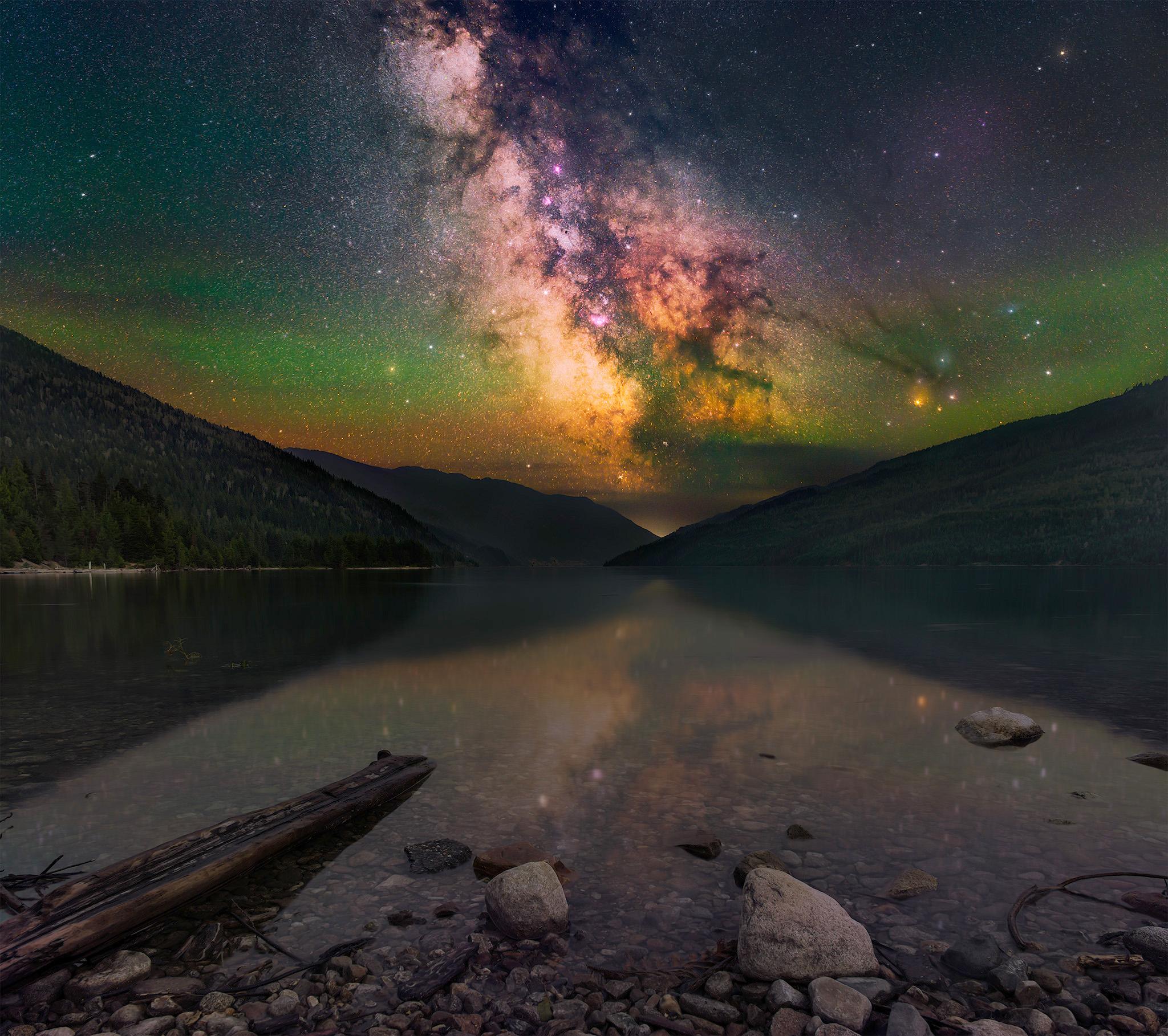 Milky Way reflection on a lake near Revelstoke, British Columbia