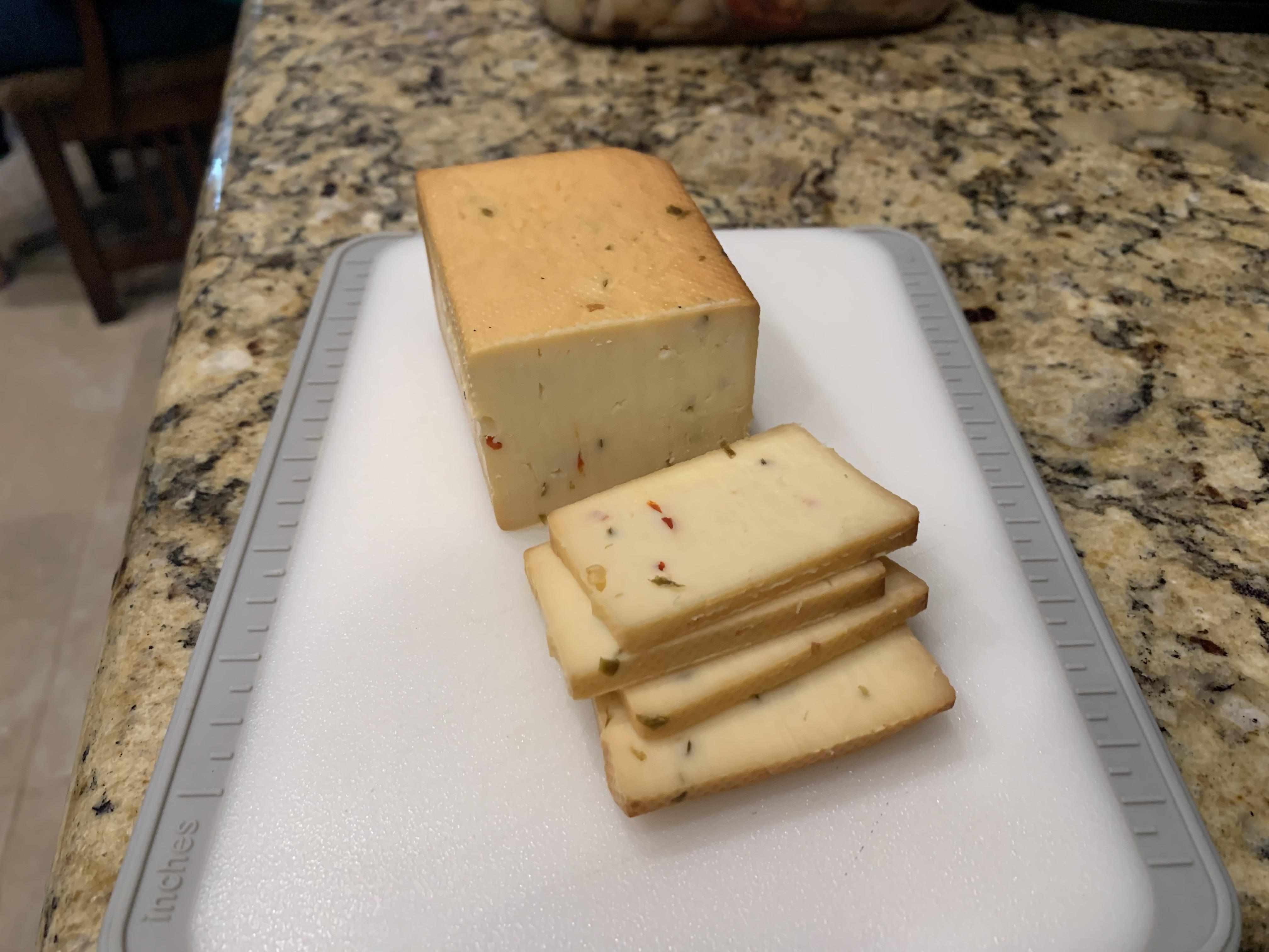 Smoked pepper jack cheese. 4 hours. Fruit wood blend. 3 weeks vacuum sealed. r/smoking