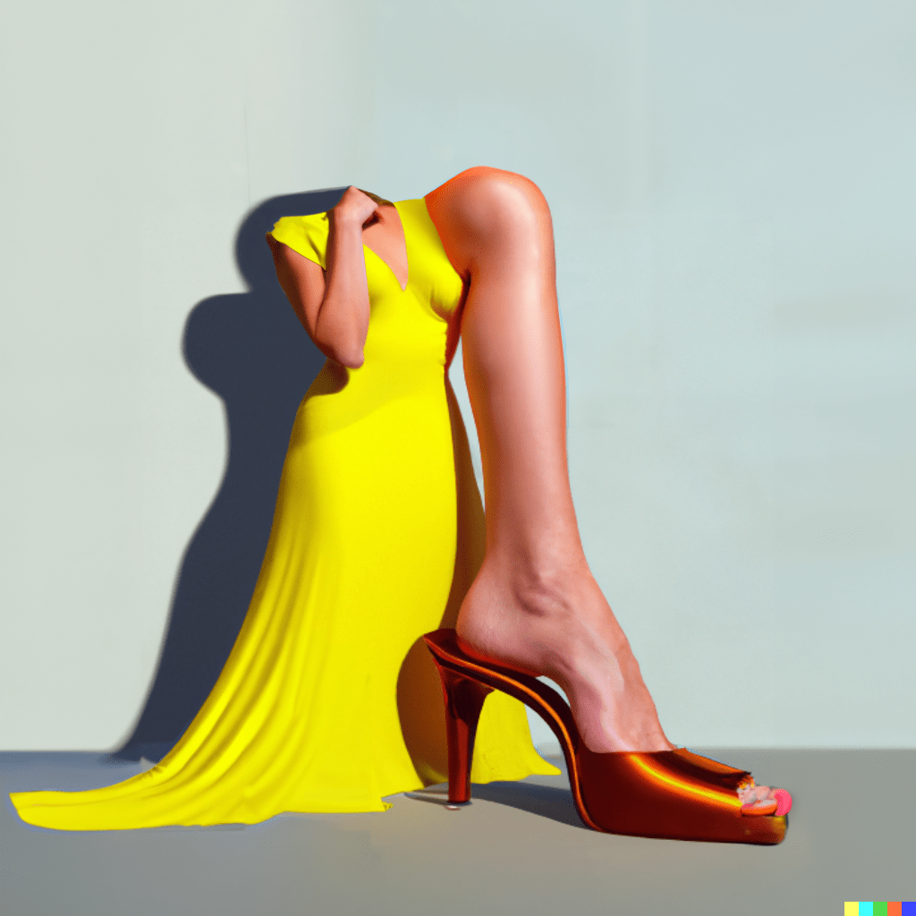 photo of an elegant yellow woman's dress with leg visible wearing a