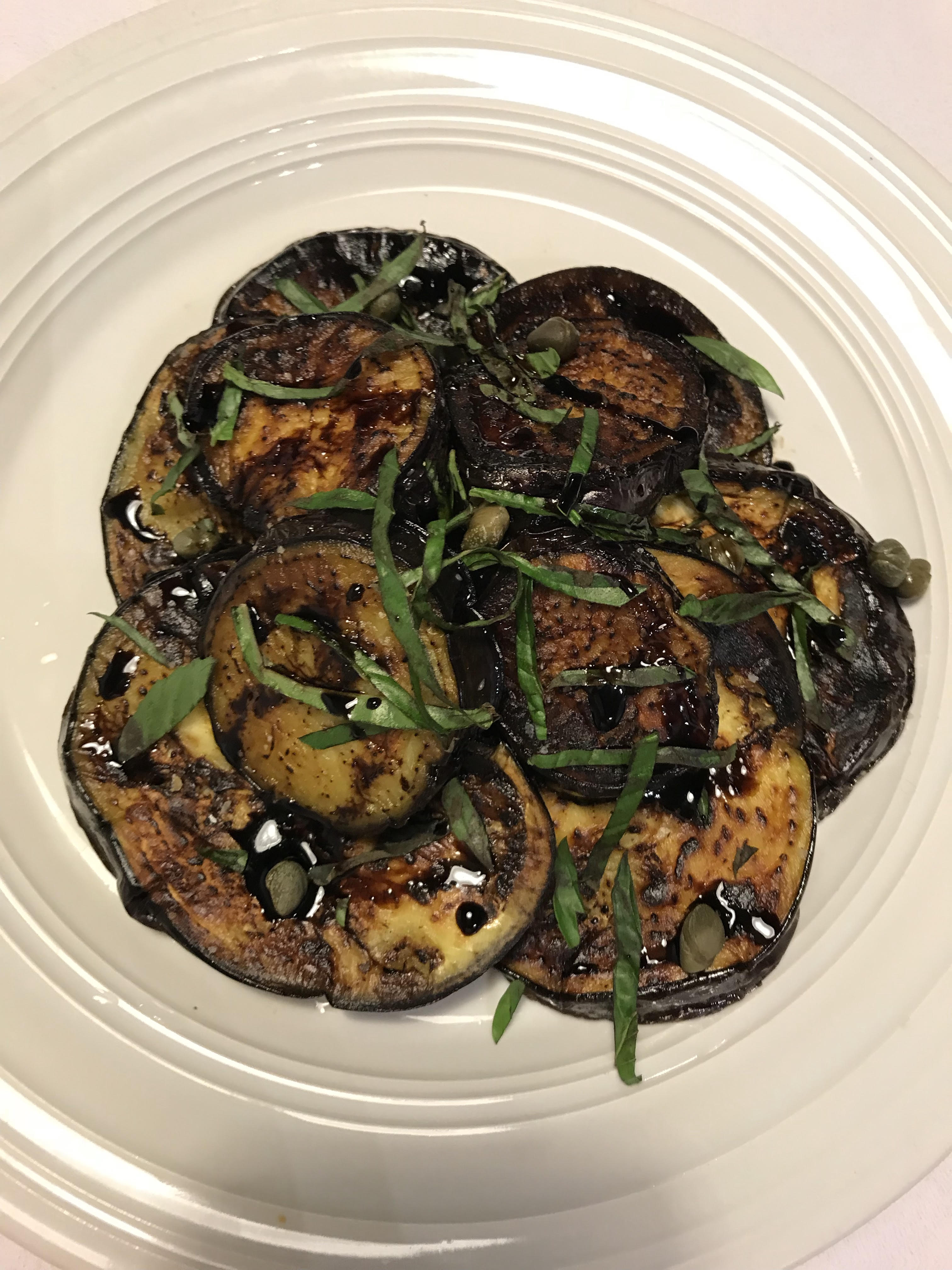Week 3 Portuguese Pan fried eggplant with balsamic, basil, and