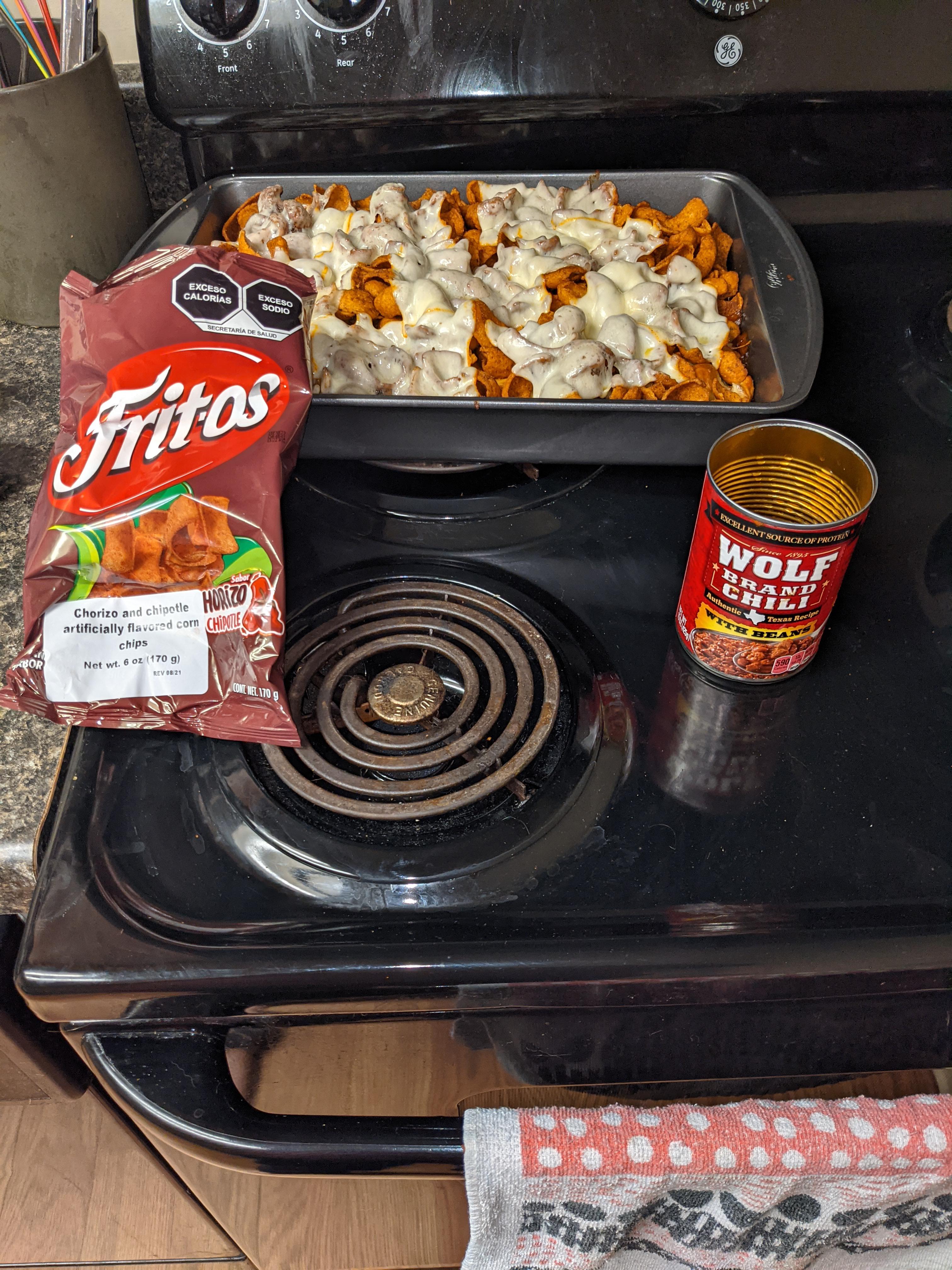 Made my own Frito Pie with Wolf Brand Chili. I used chorizo Fritos, but