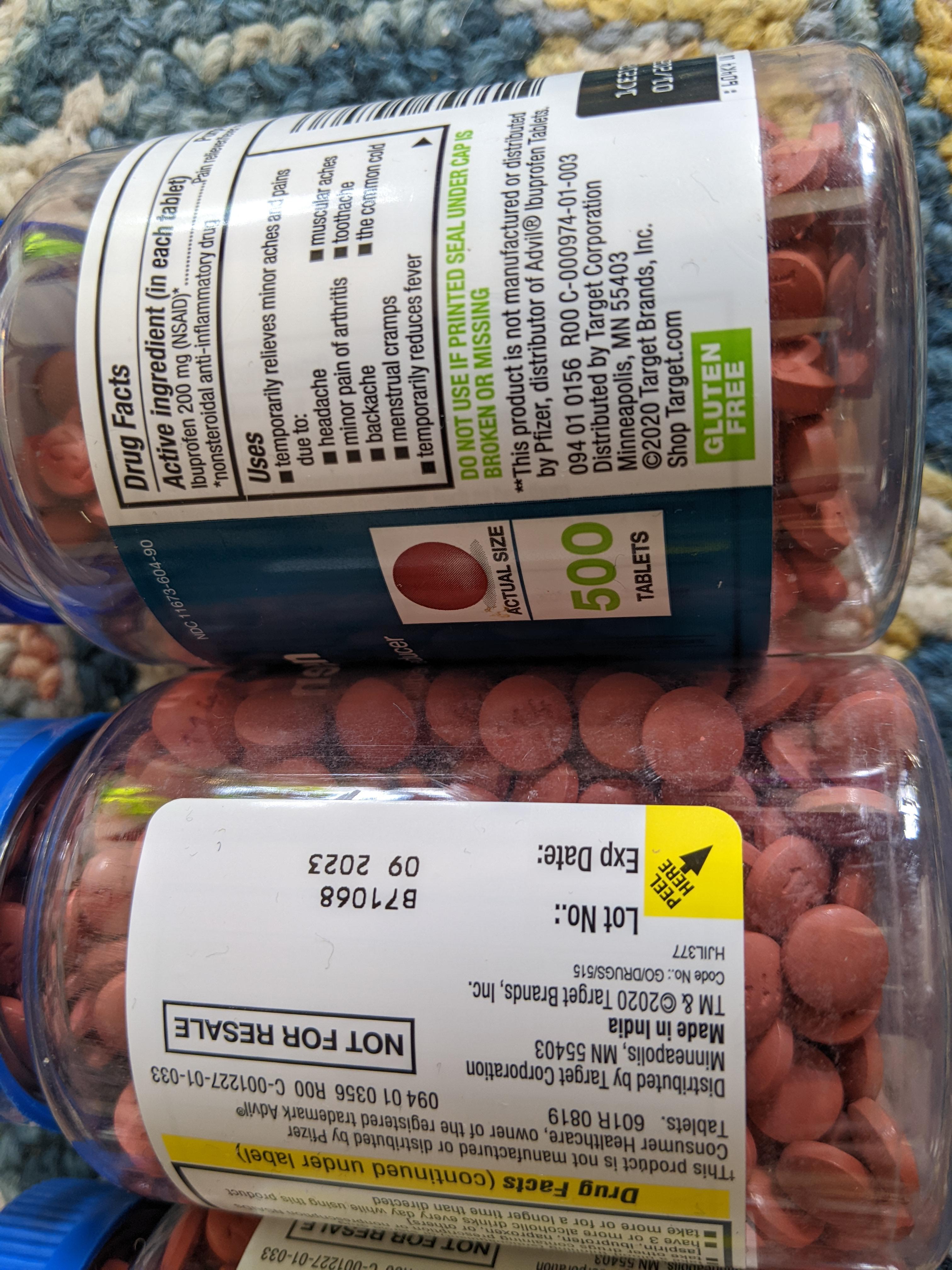 Target's Up&Up Ibuprofen no longer says Gluten free on the back (new bottle on left I just