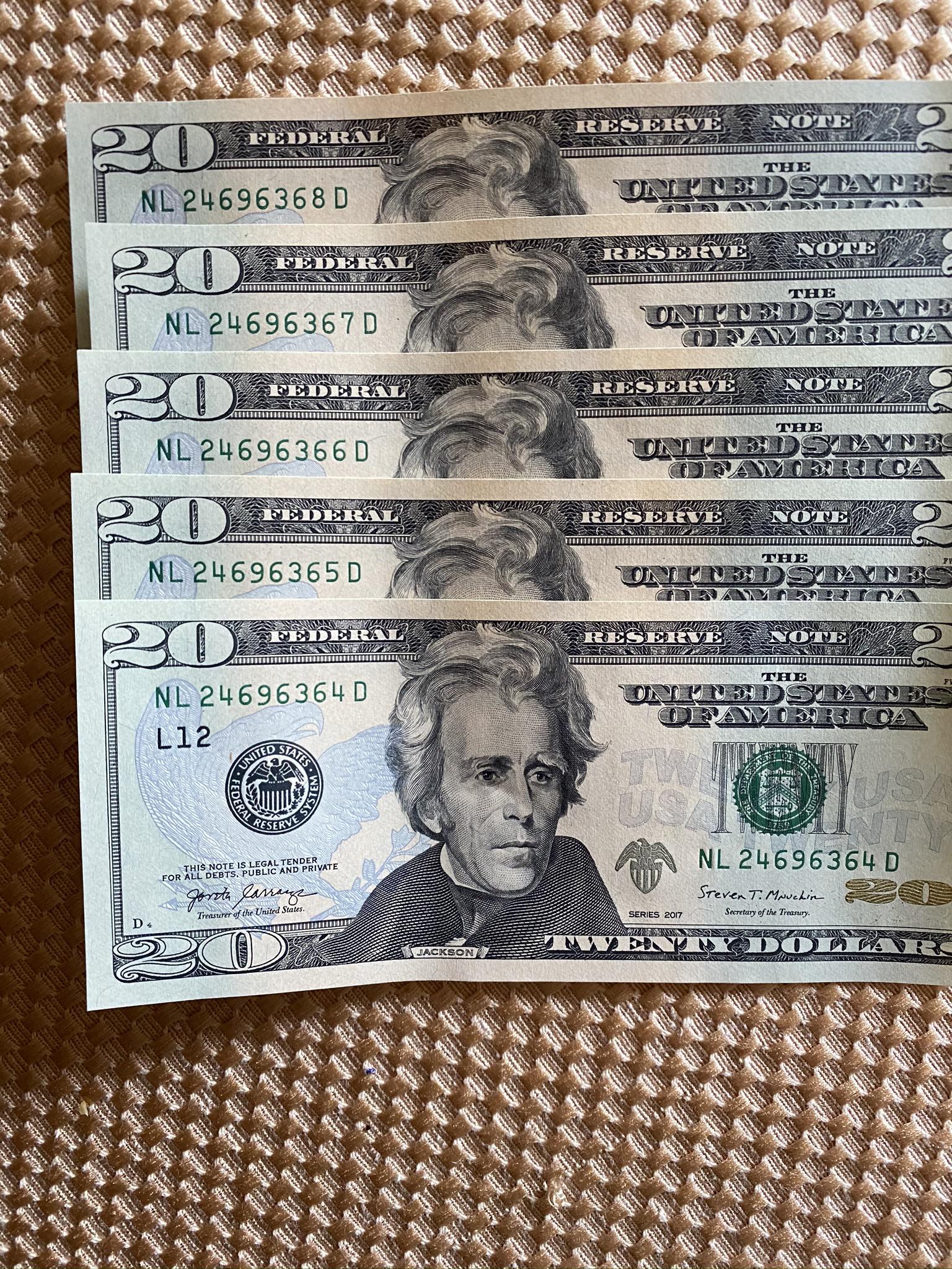 5 20 bills with consecutive serial numbers that I got from the ATM