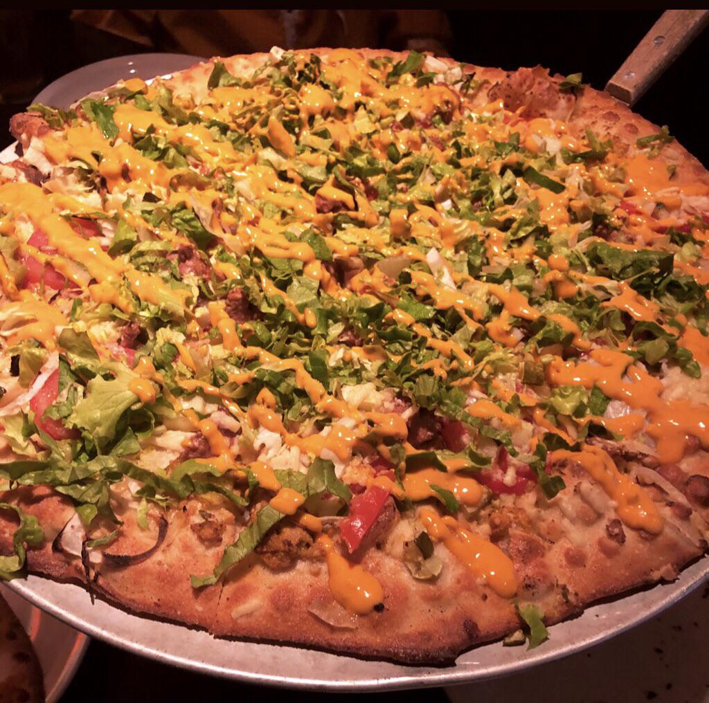 Beyond burger “cheeseburger” pizza at Pizza Luce, with their inhouse