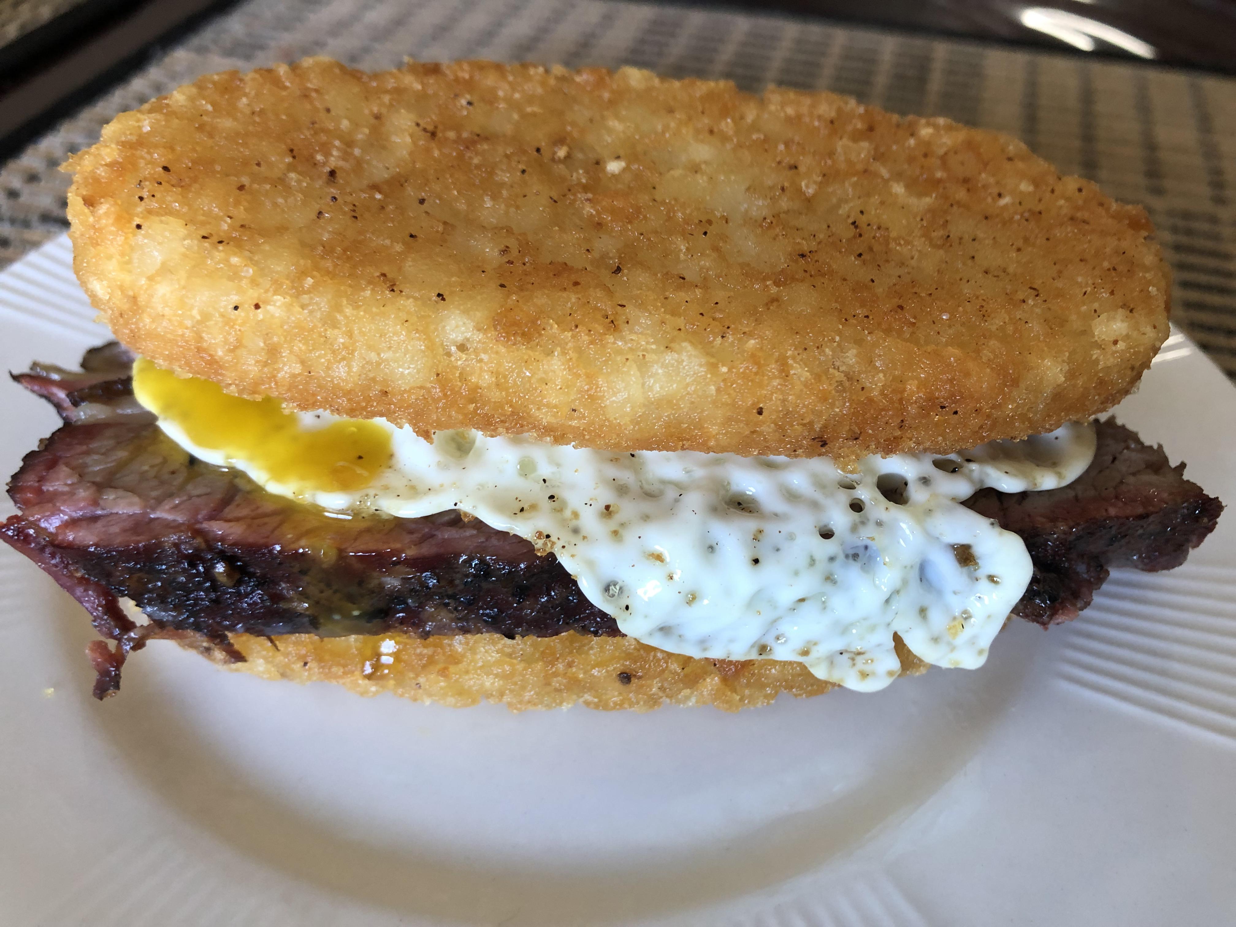[Homemade] Smoked brisket and egg breakfast sandwich r/food