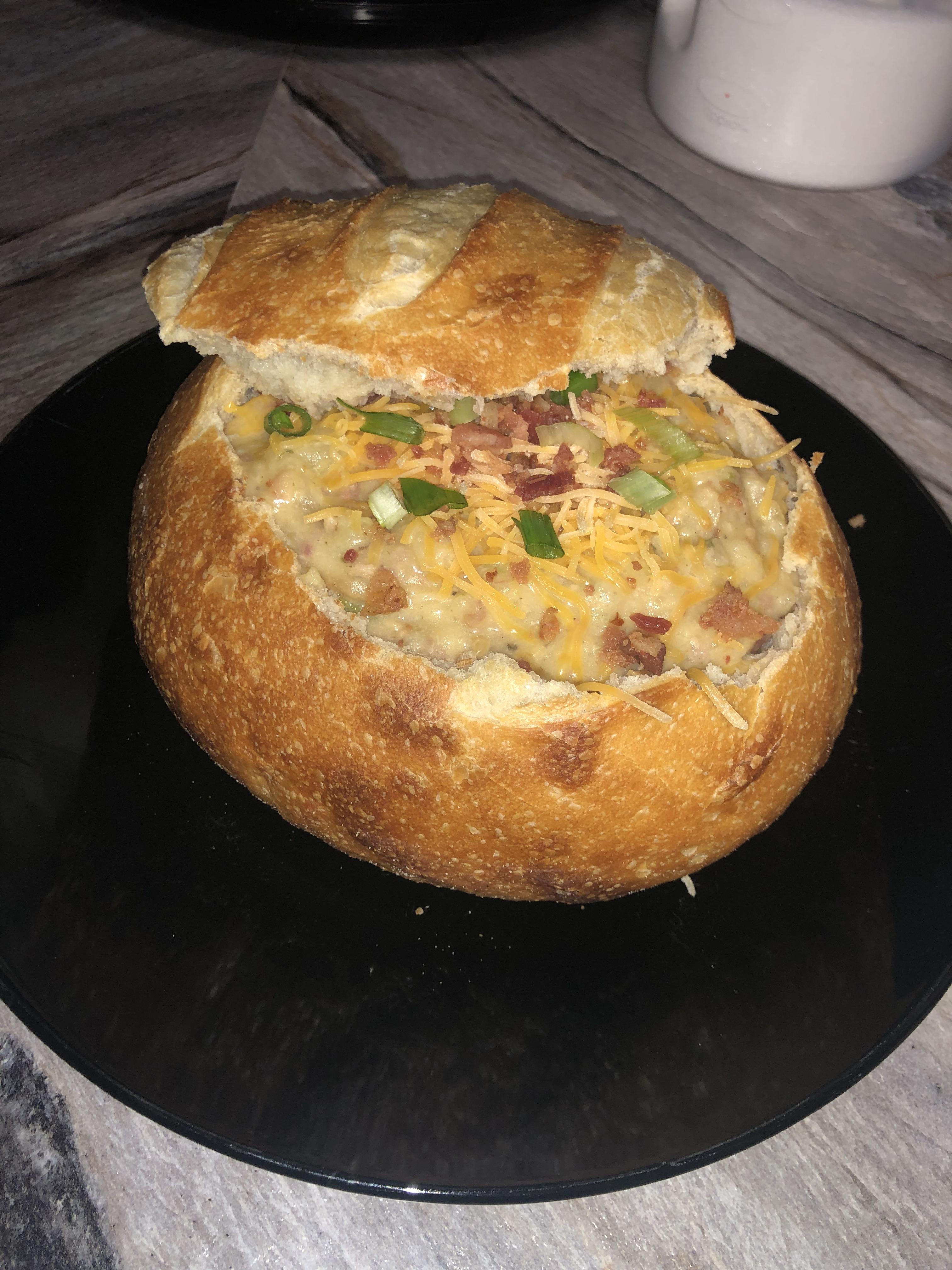 [Homemade] loaded baked potato soup in a bread bowl r/food