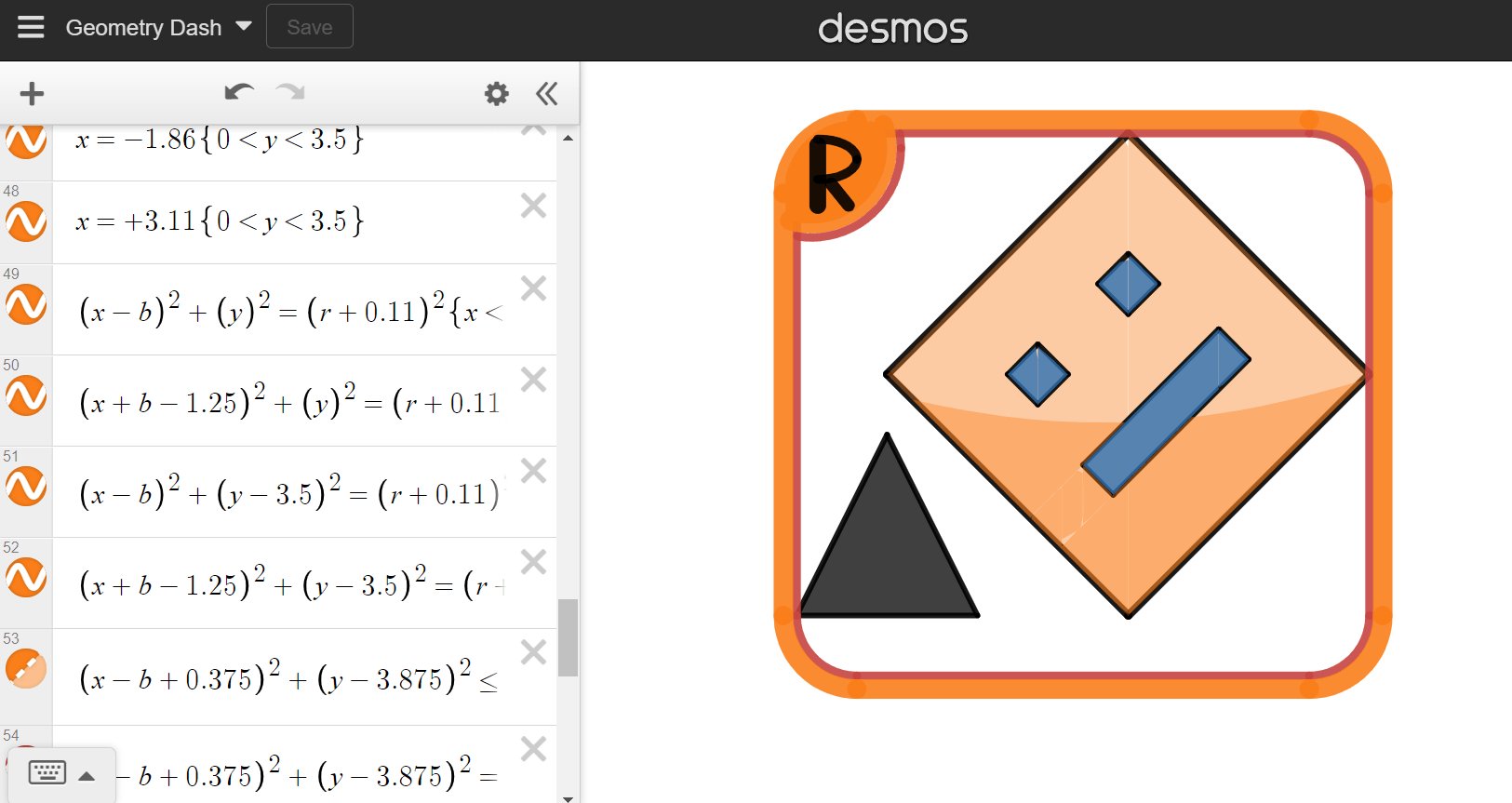 I made geometry dash logo in a graphing calculator (first post on here