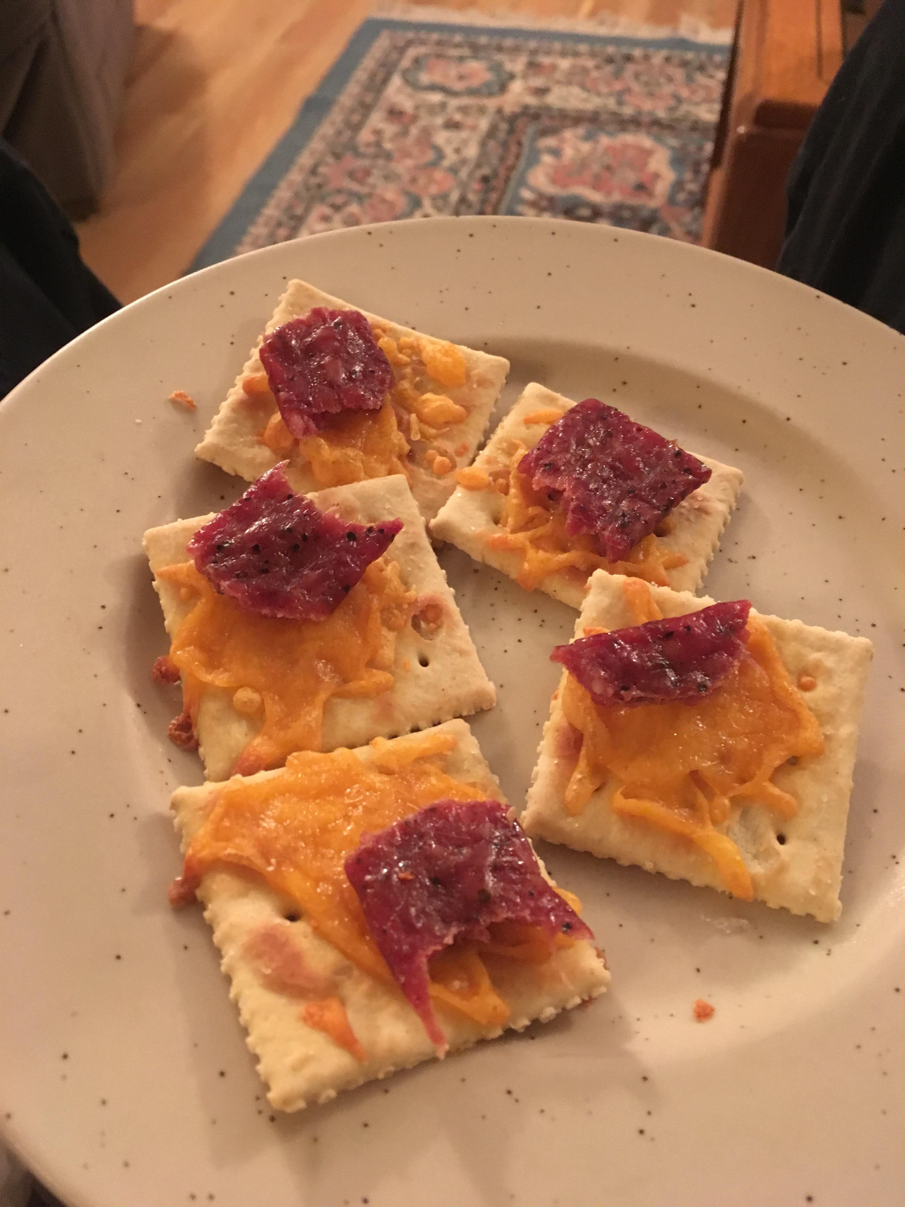 Baked cheese saltines with elk meat snack. r/shittyfoodporn
