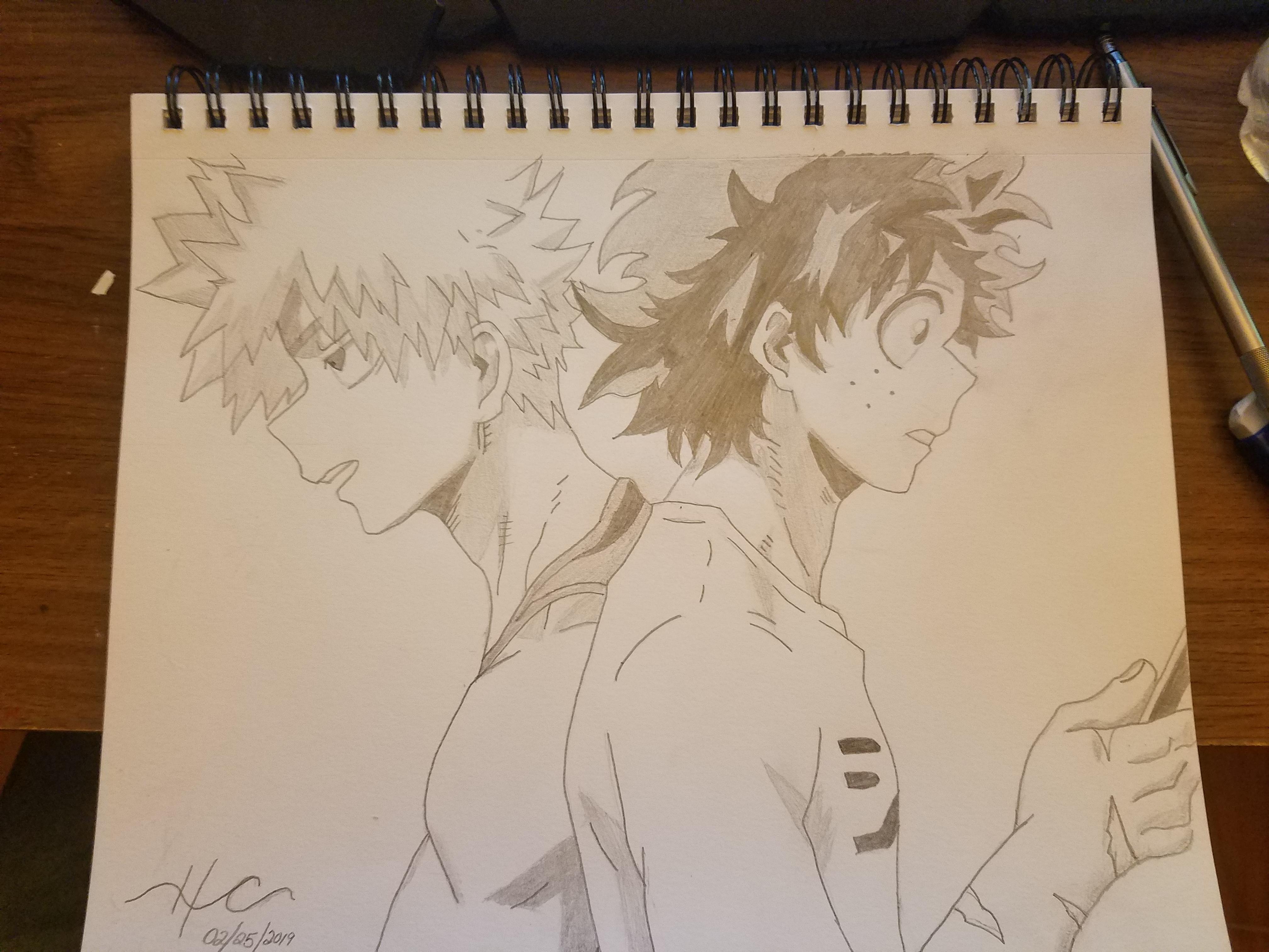 My attempt to sketch bakugo and deku from a scene in episode 60. ) r
