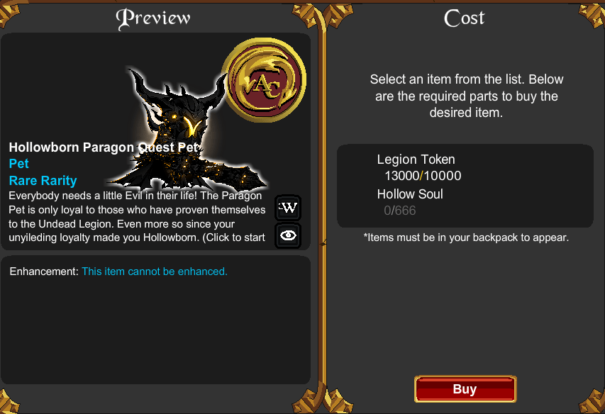 hollowborn paragon pet in dage's merge shop r/AQW