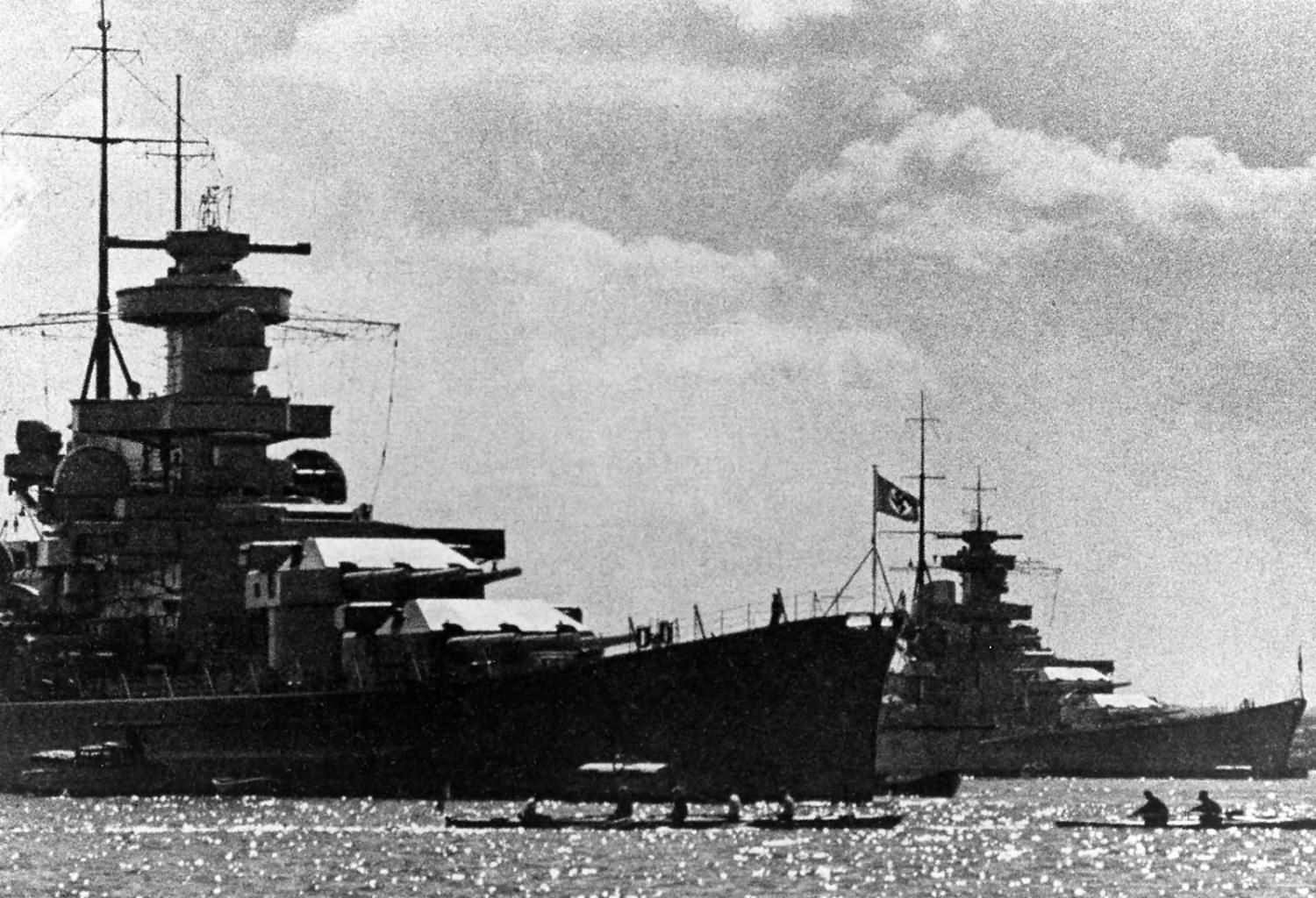 German battleships Scharnhorst and Gneisenau at anchor together, summer