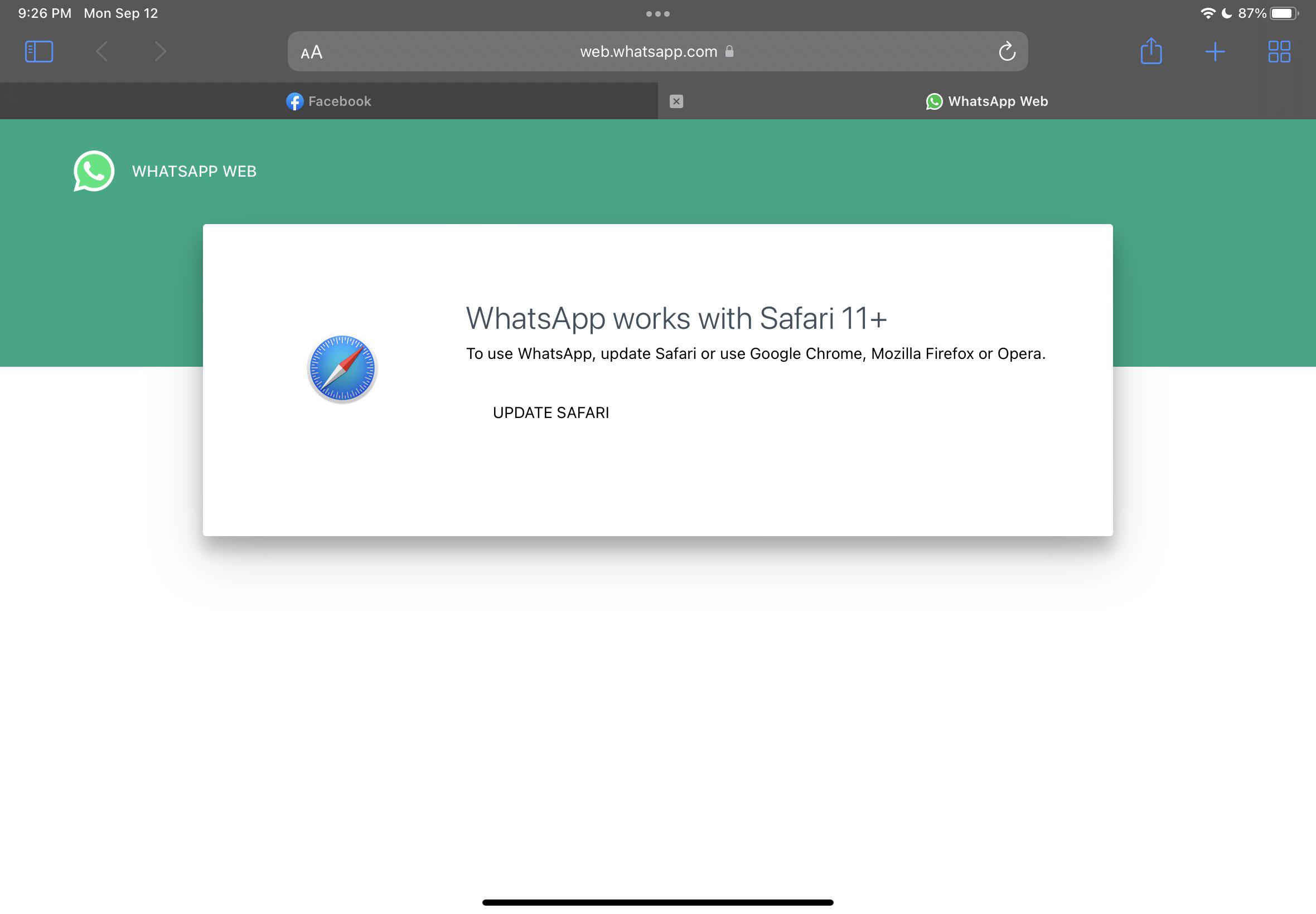 WhatsApp web no longer working on iPad/safari after the ipadOS 15.7