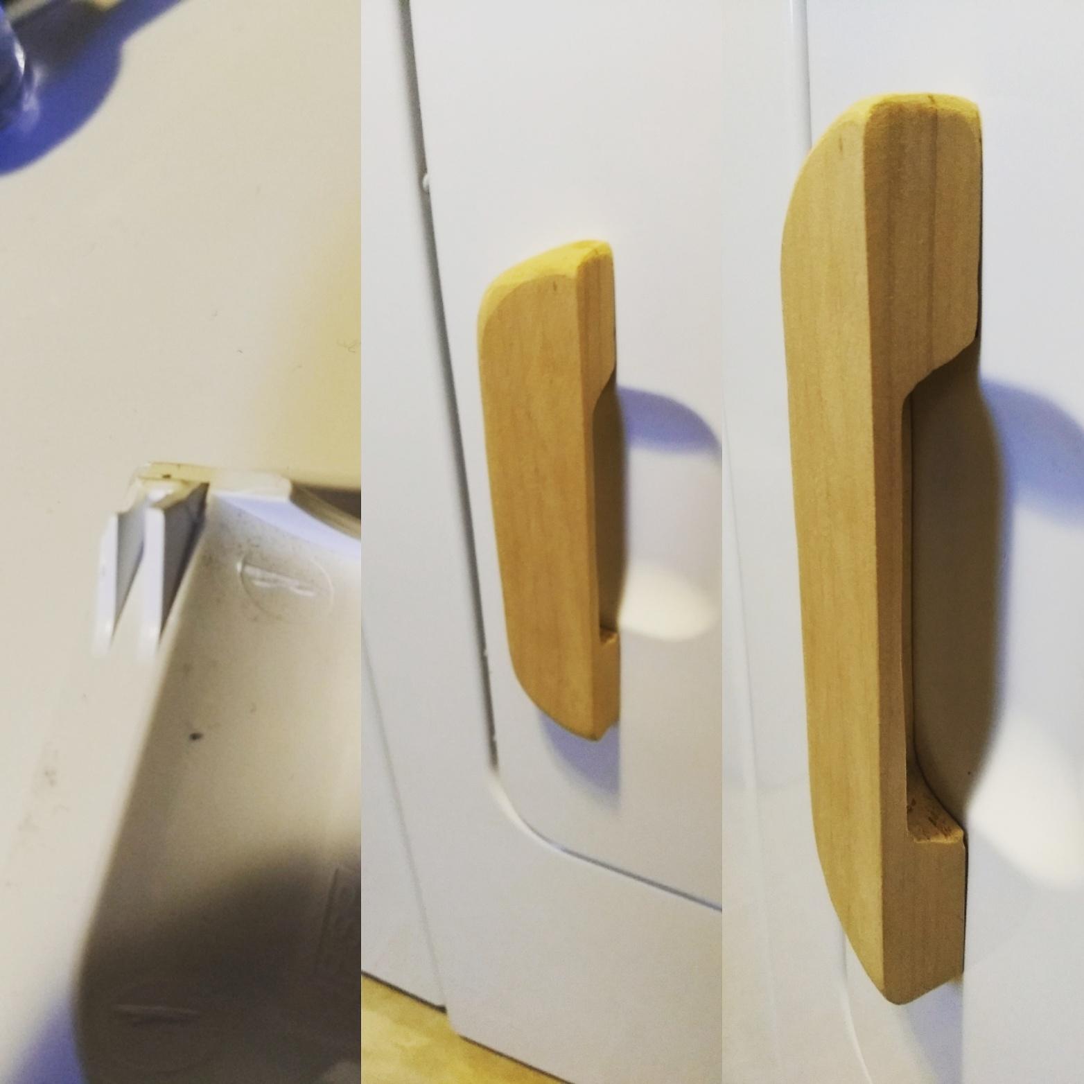 My plastic door handle failed me so I made a new wooden one. r