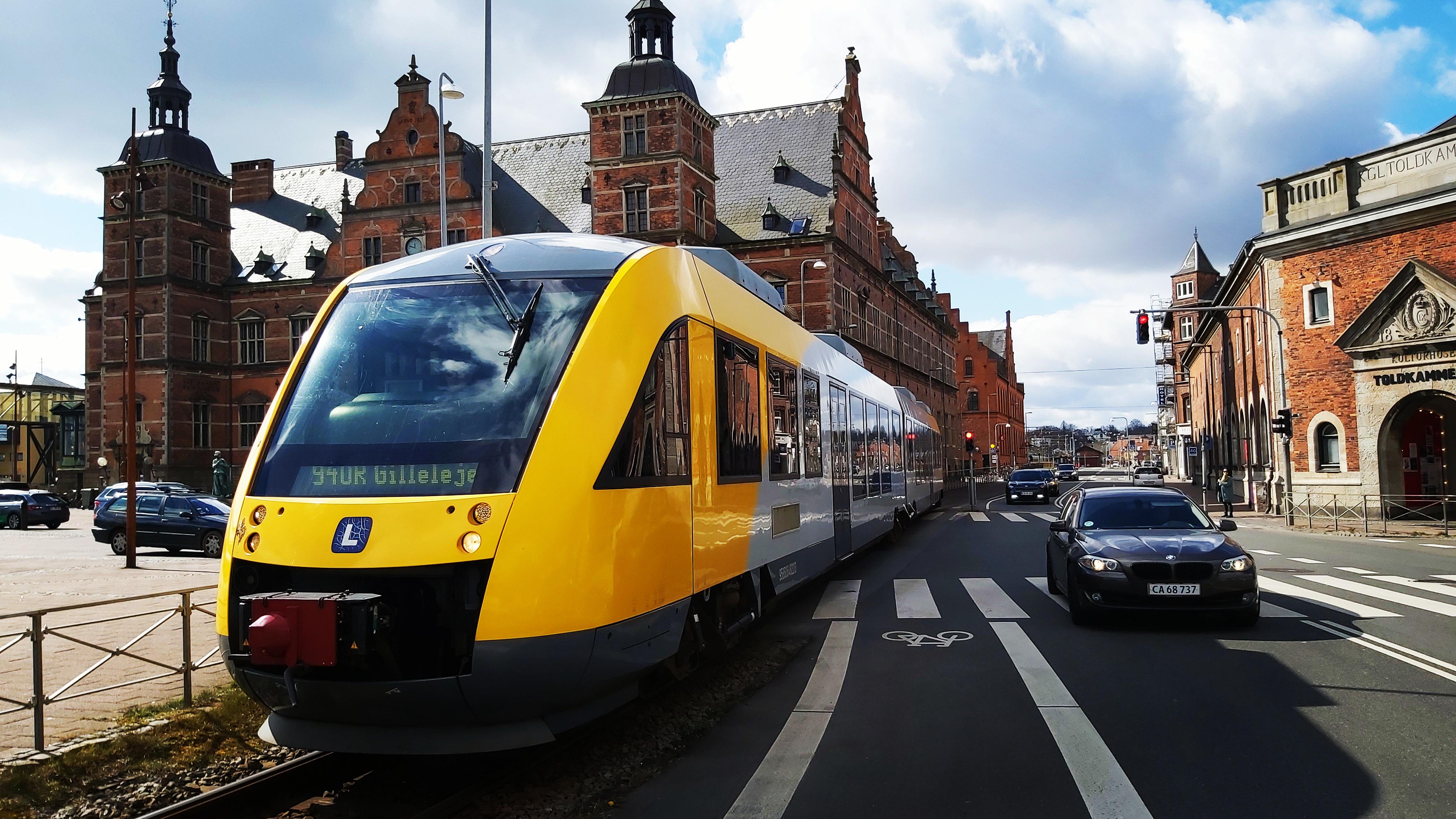 Only street running train in Denmark, driving towards the Hamlet castle