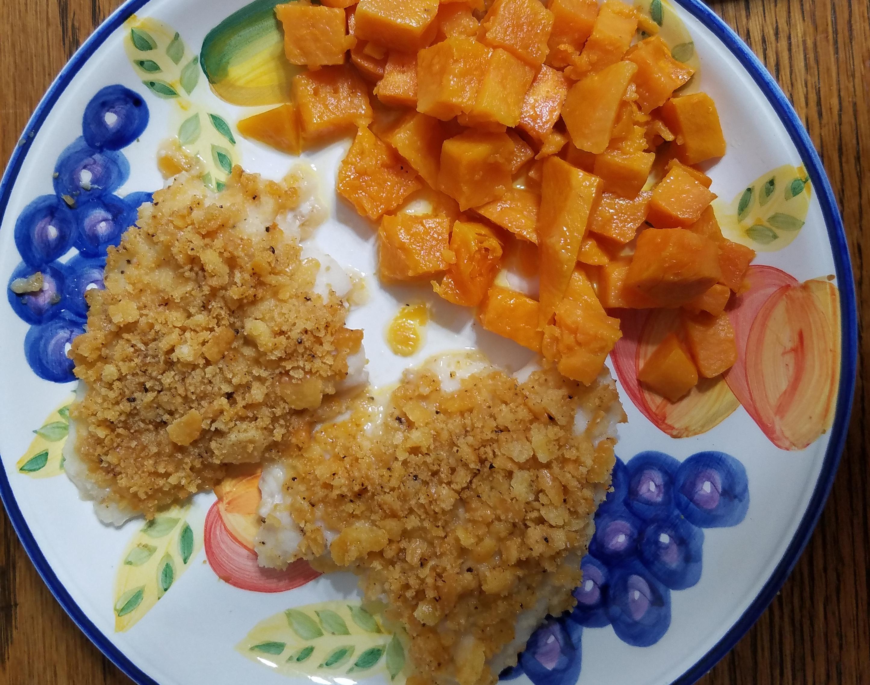Cracker crusted tilapia and sweet potatoes... yum! r/aldi
