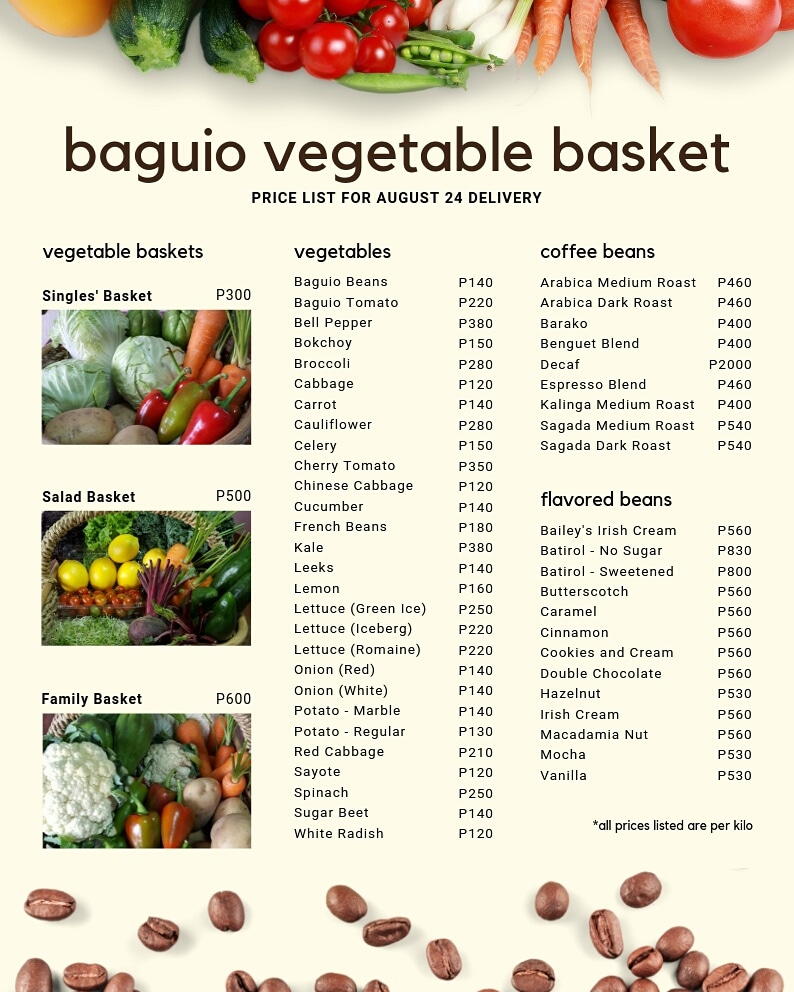 We deliver vegetables and coffee beans from Baguio/Kalinga/Sagada to