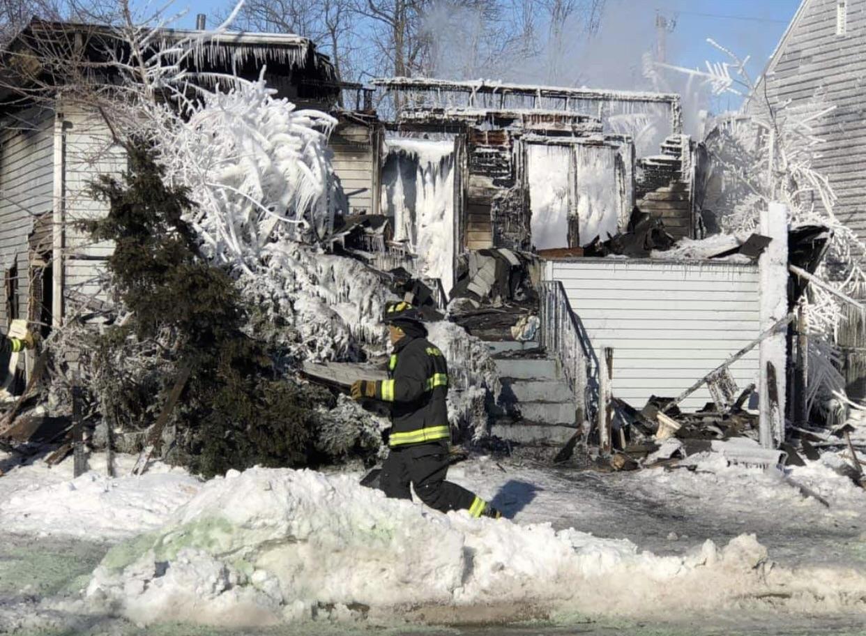 Aftermath of a house fire in Hammond, Indiana with temps colder than