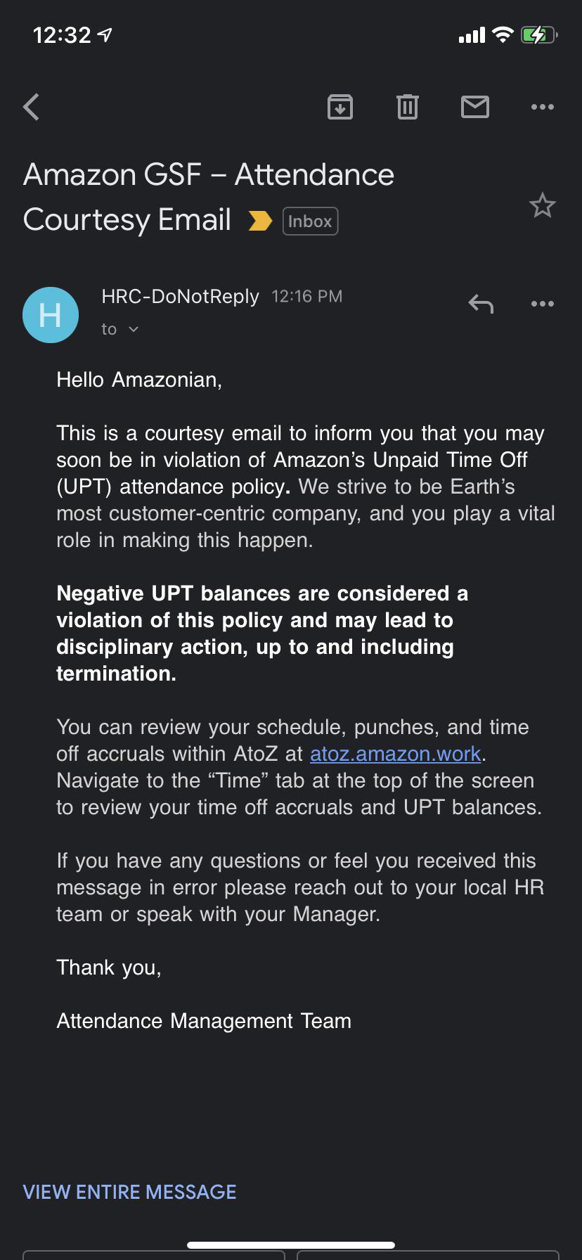 Just got this email about Negative UPT balance...where I literally