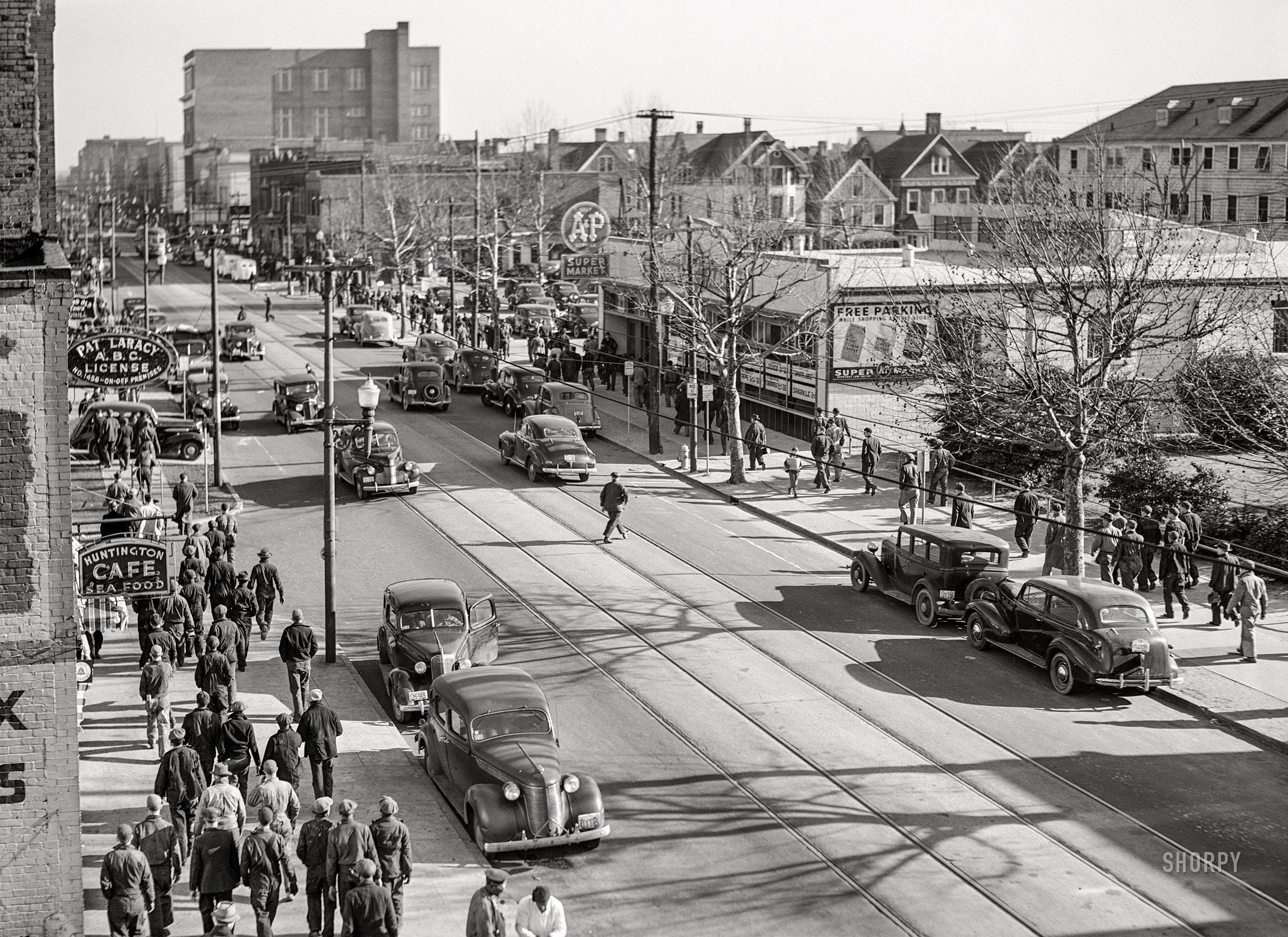 Shipyard workers going home at 4 p.m. March 1941. Newport News