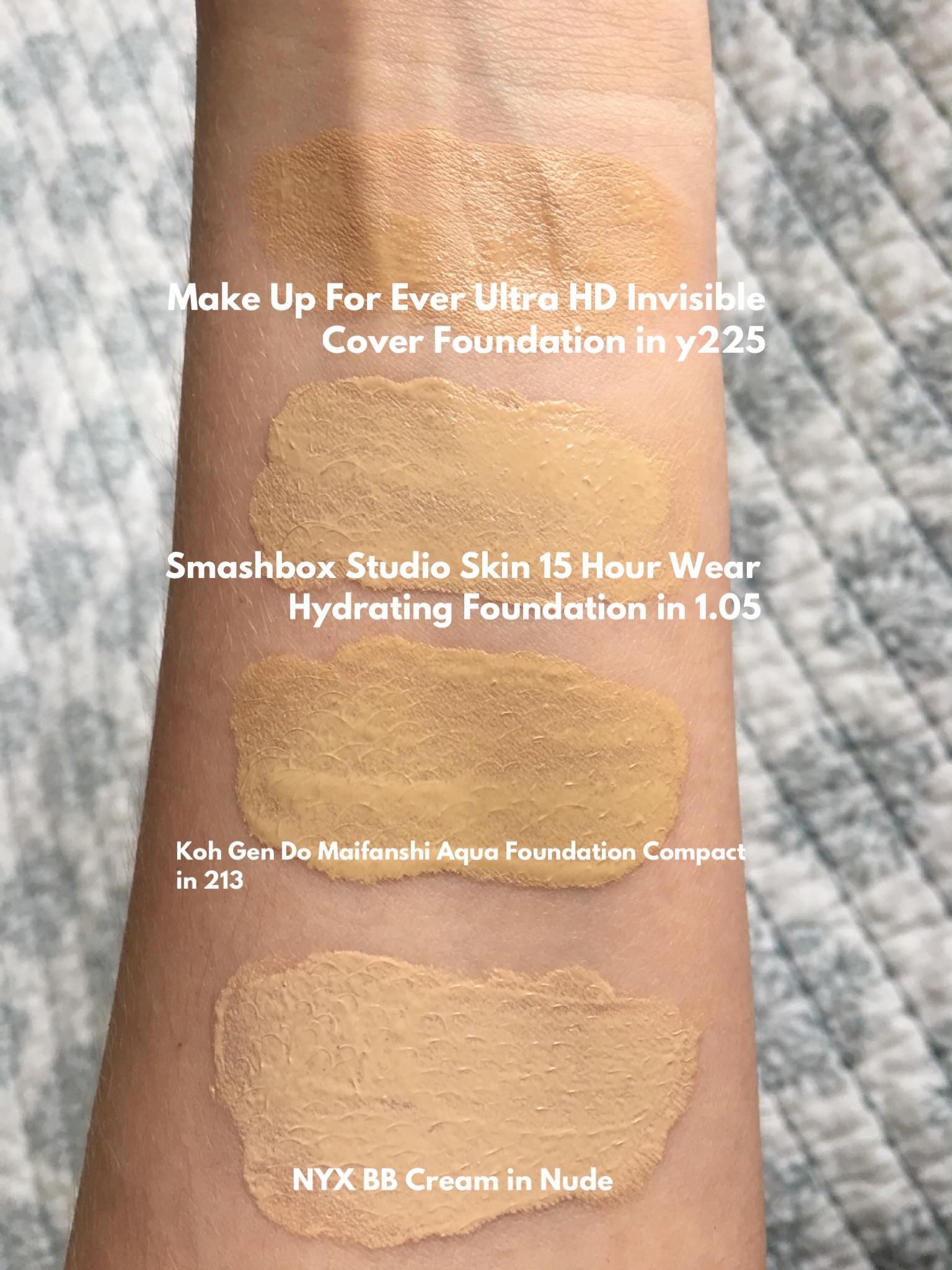 Swatches of foundations from MUFE, Smashbox, Koh Gen Do & NYX r/OliveMUA