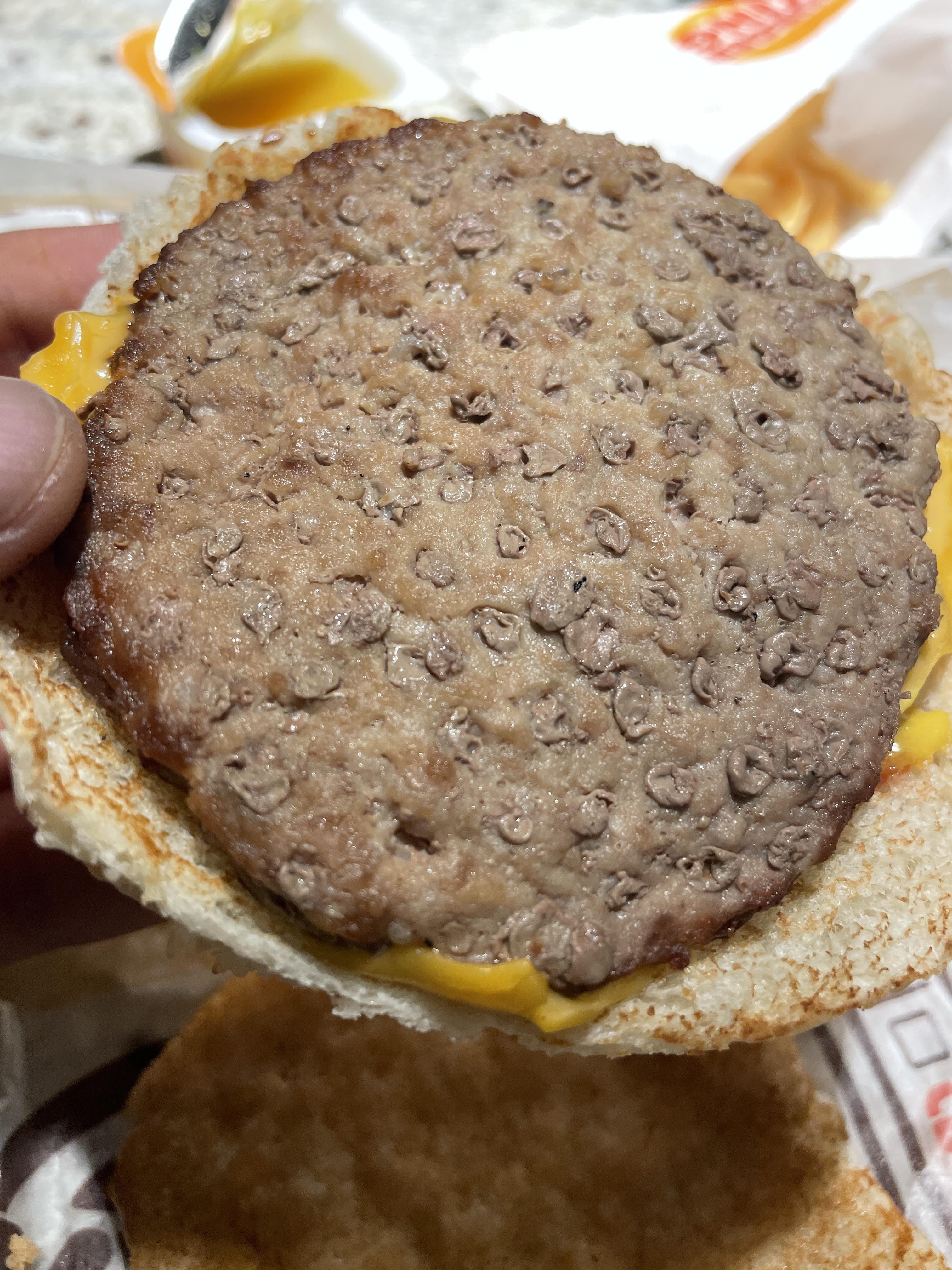 Why is there spots on the patty? Safe to eat? Still ate it (burger king) r/shittyfoodporn