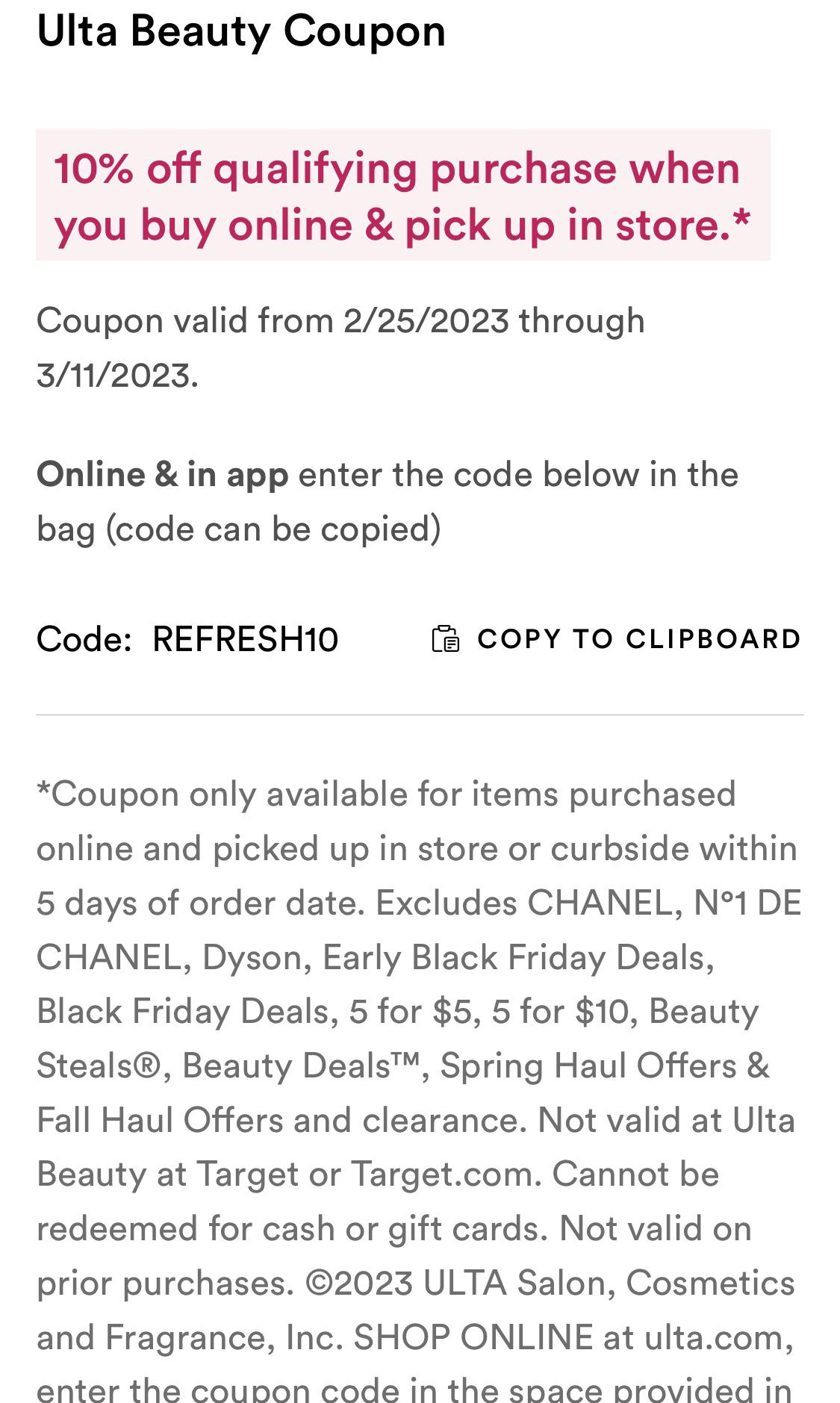 Ulta 10 off store pickup with code REFRESH10 (includes prestige, expires 3/11) r/MUAontheCheap