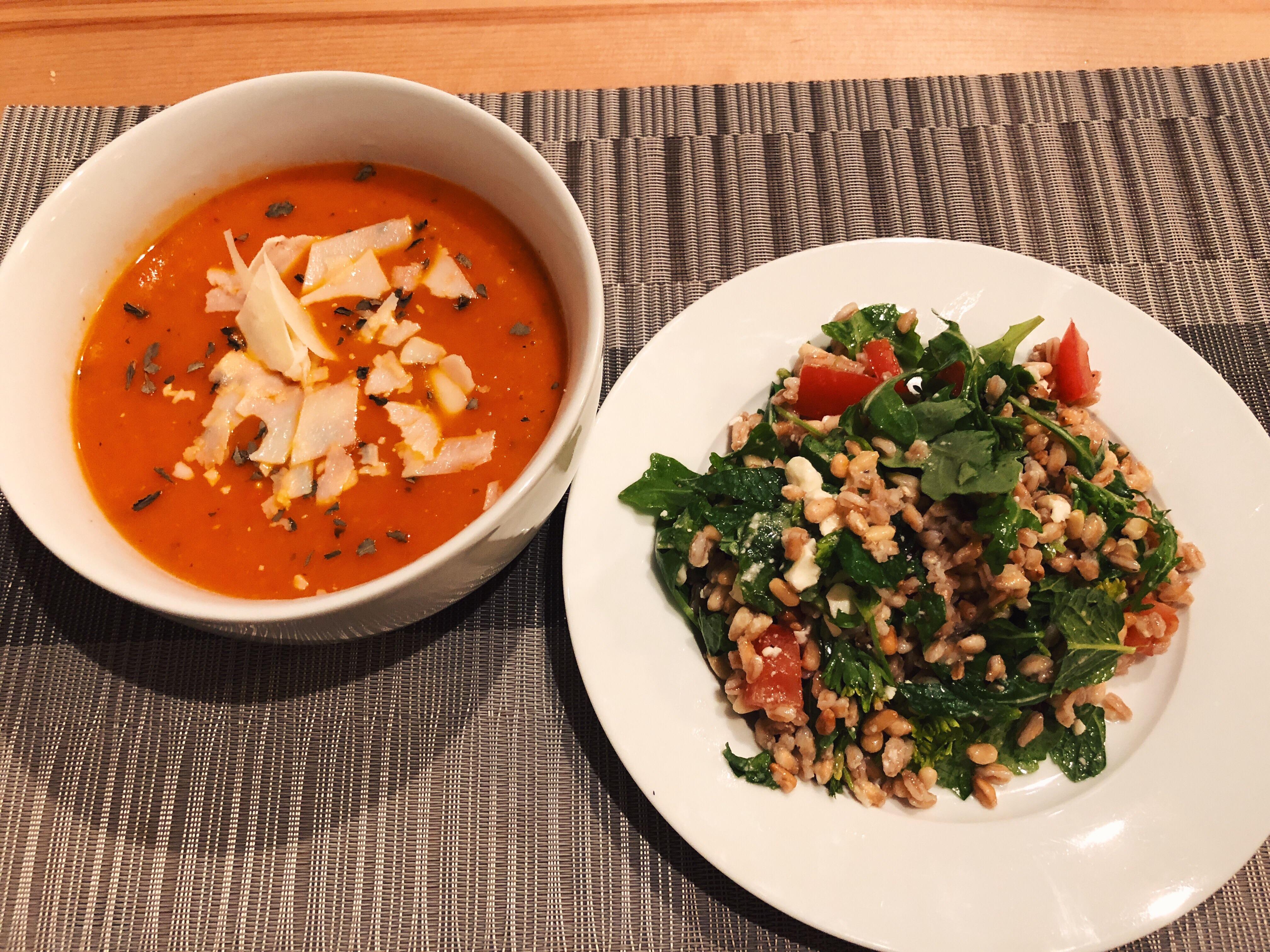 [Homemade] tomato soup and farro arugula & mint salad r/food