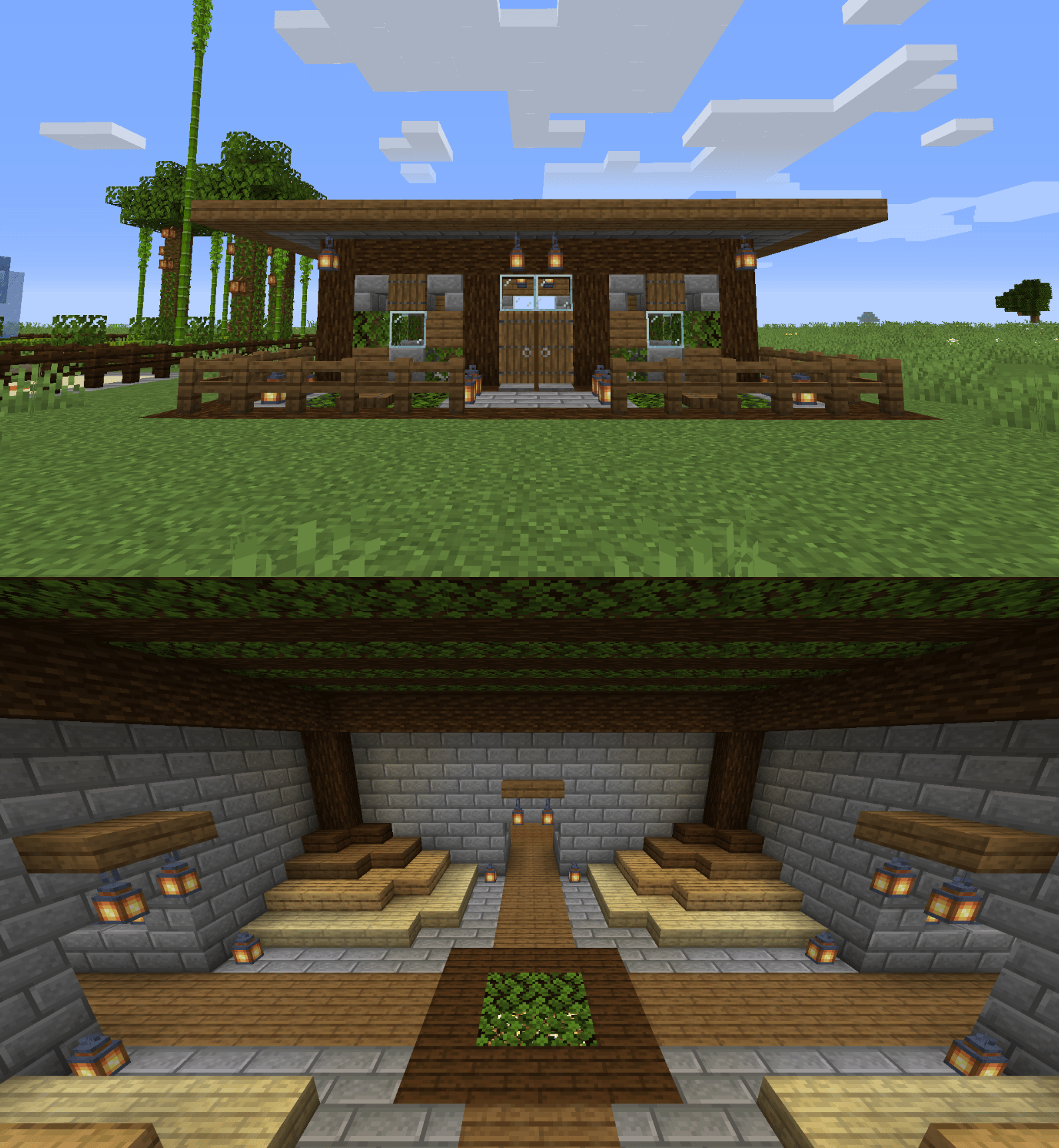 Outside and main room of an underground junglethemed base I built r