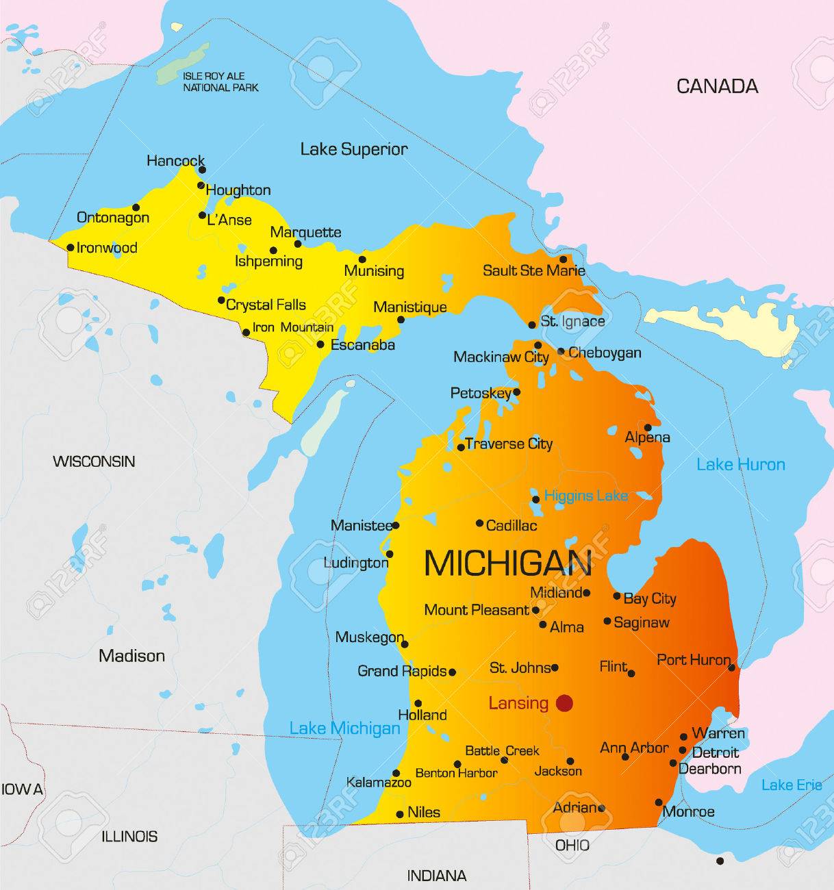 The US state of Michigan is north, south, east and west of Canada r