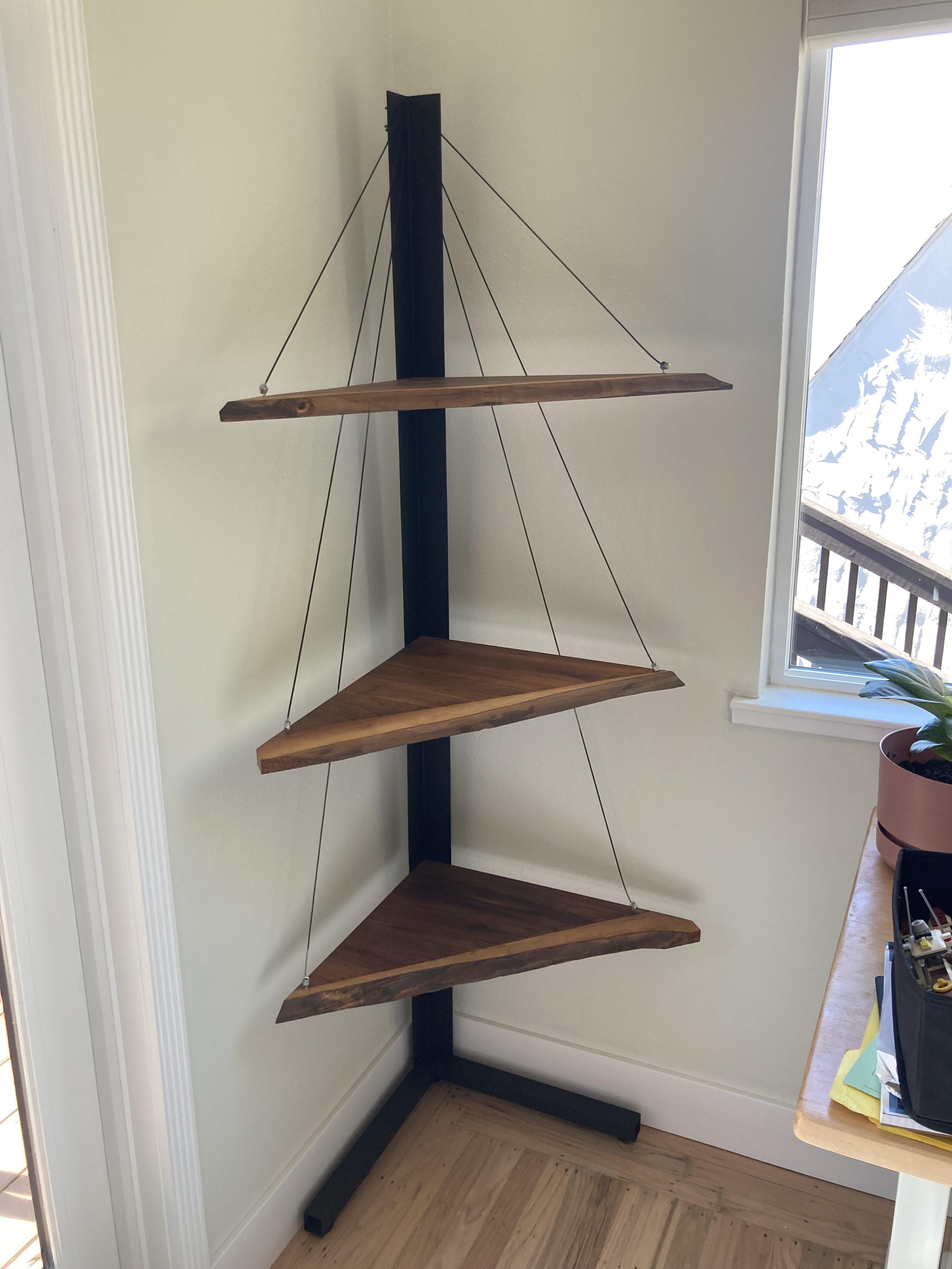 Black walnut corner suspension bookshelf r/woodworking