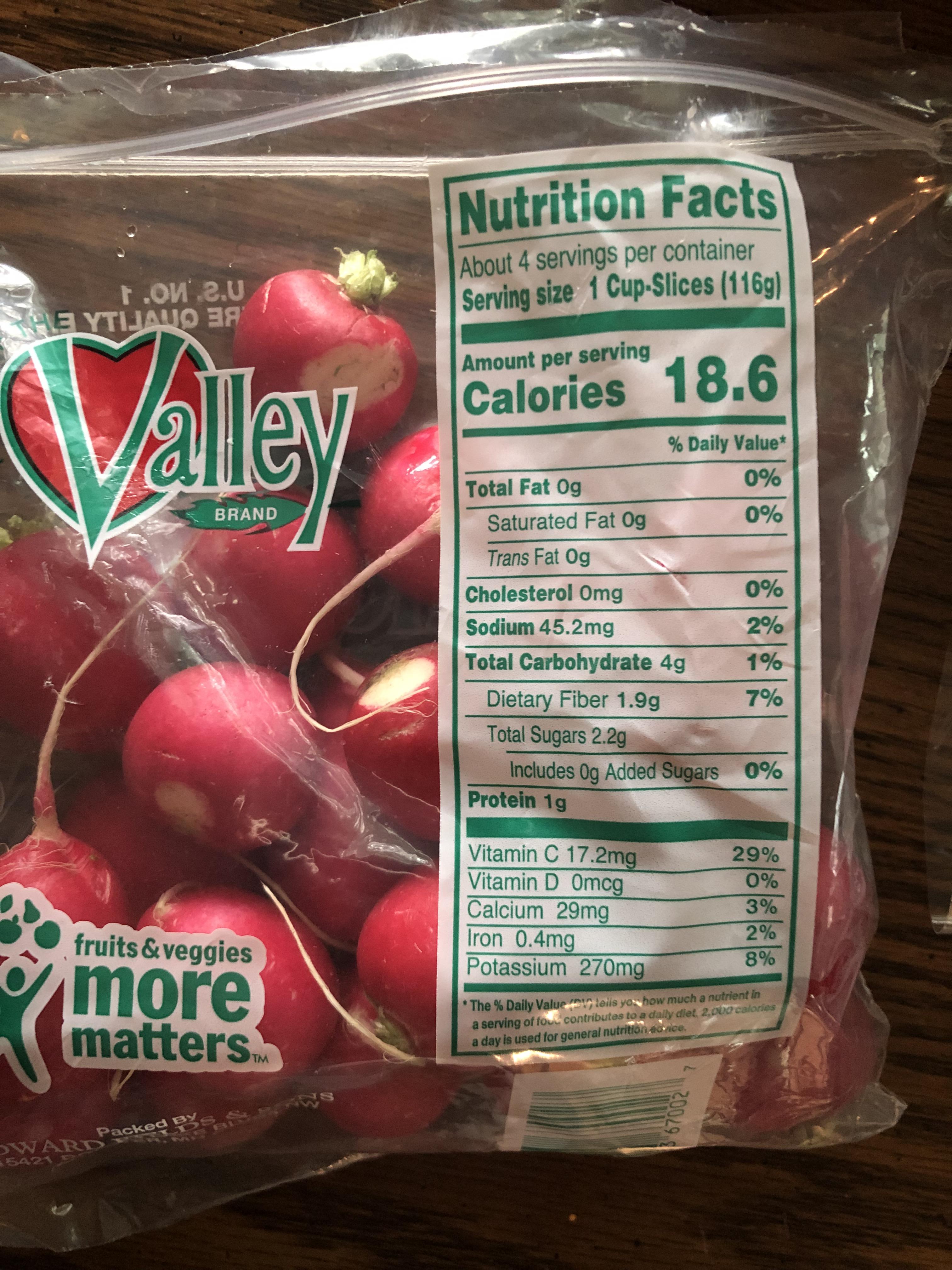 The calorie count on this bag of radishes r/mildlyinteresting