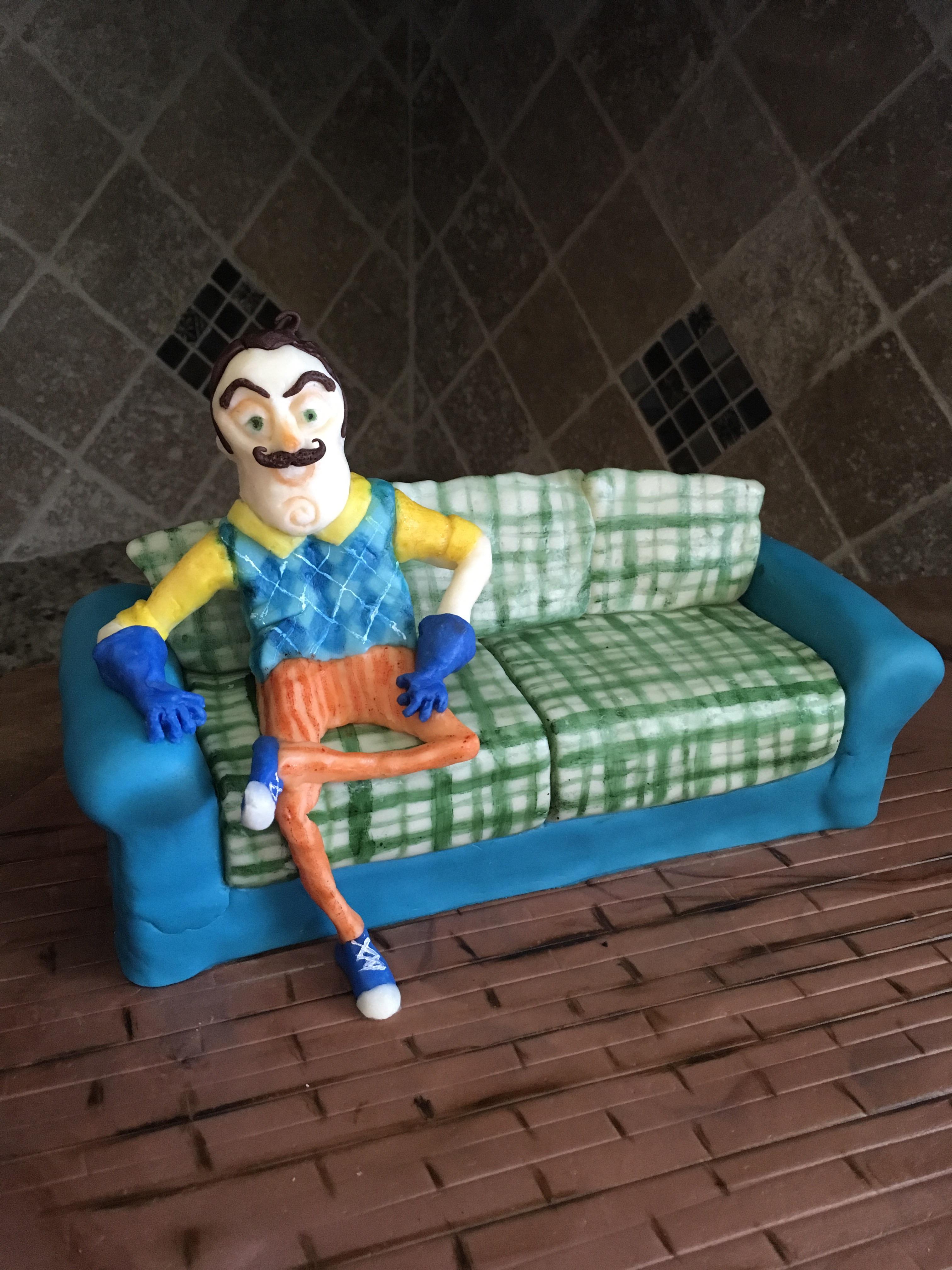 Made a Hello Neighbor Cake today! The couch is cake and the neighbor is